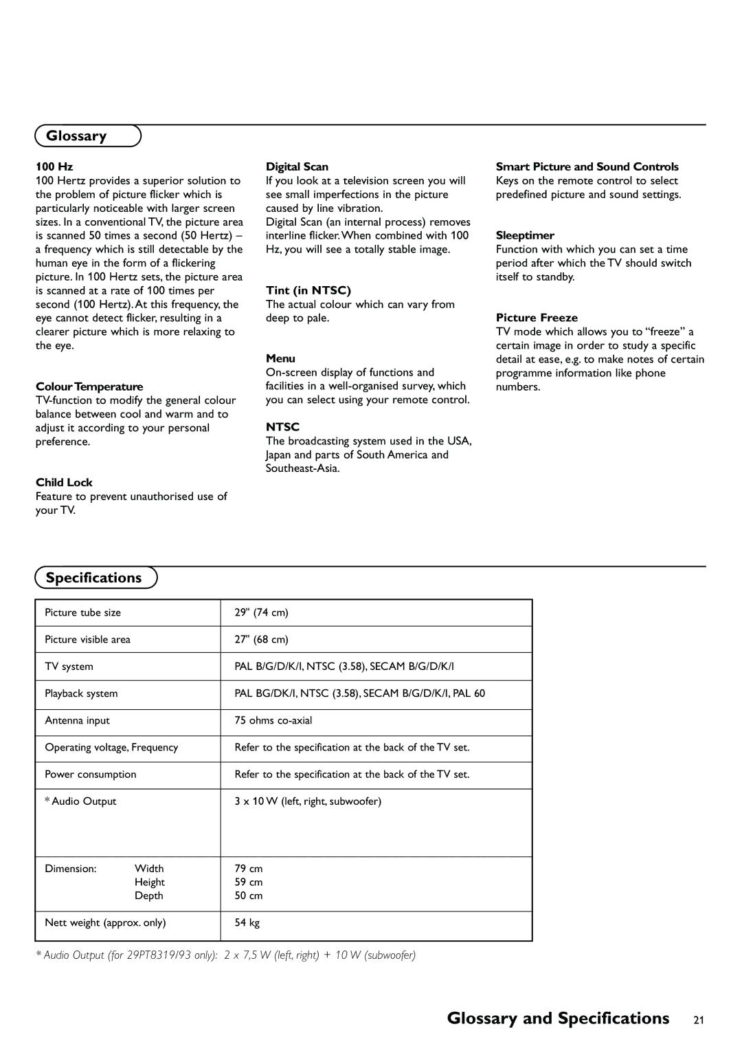 Philips 29PT8419/79R manual Glossary and Specifications 