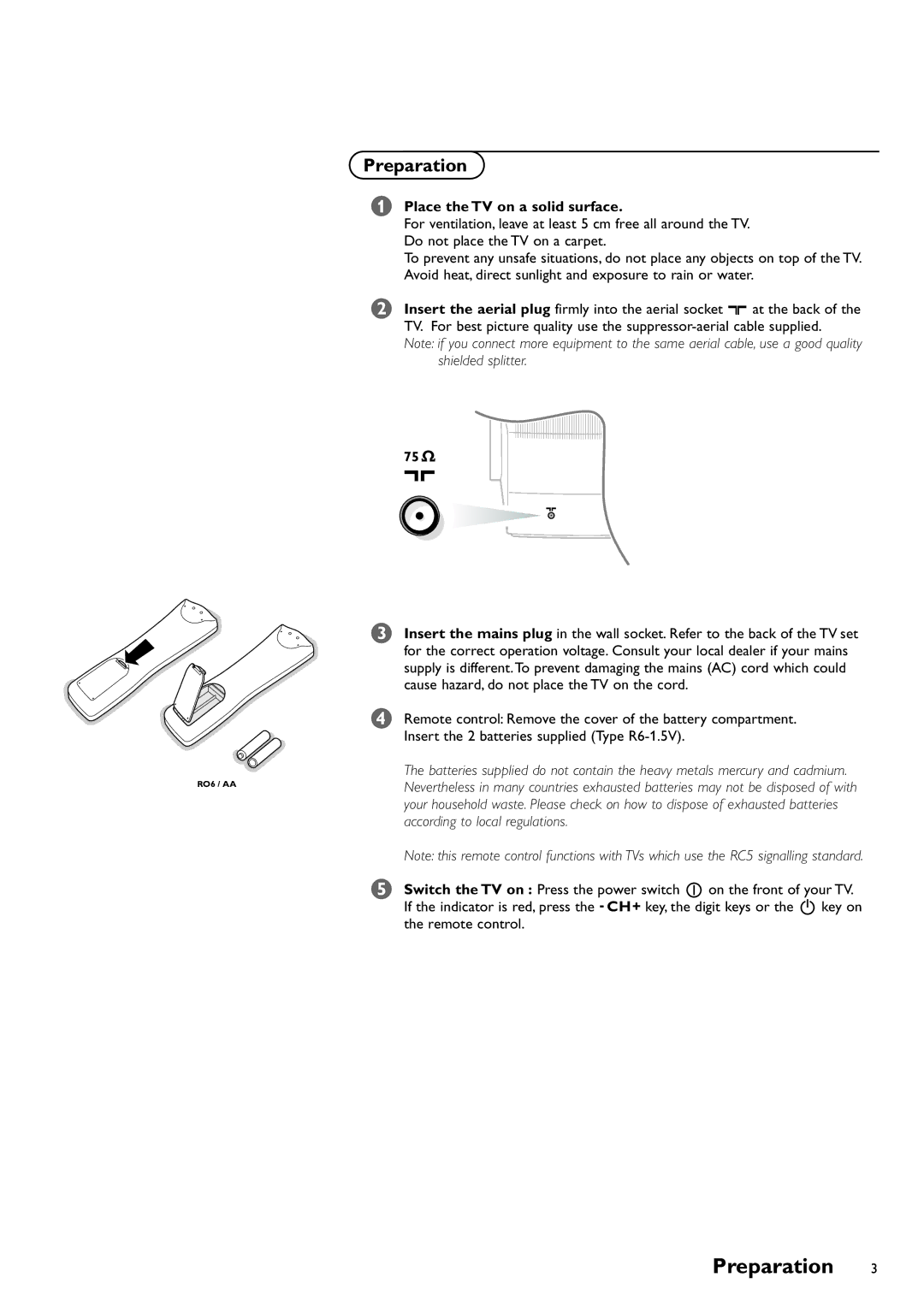 Philips 29PT8419/79R manual Preparation, Place the TV on a solid surface 