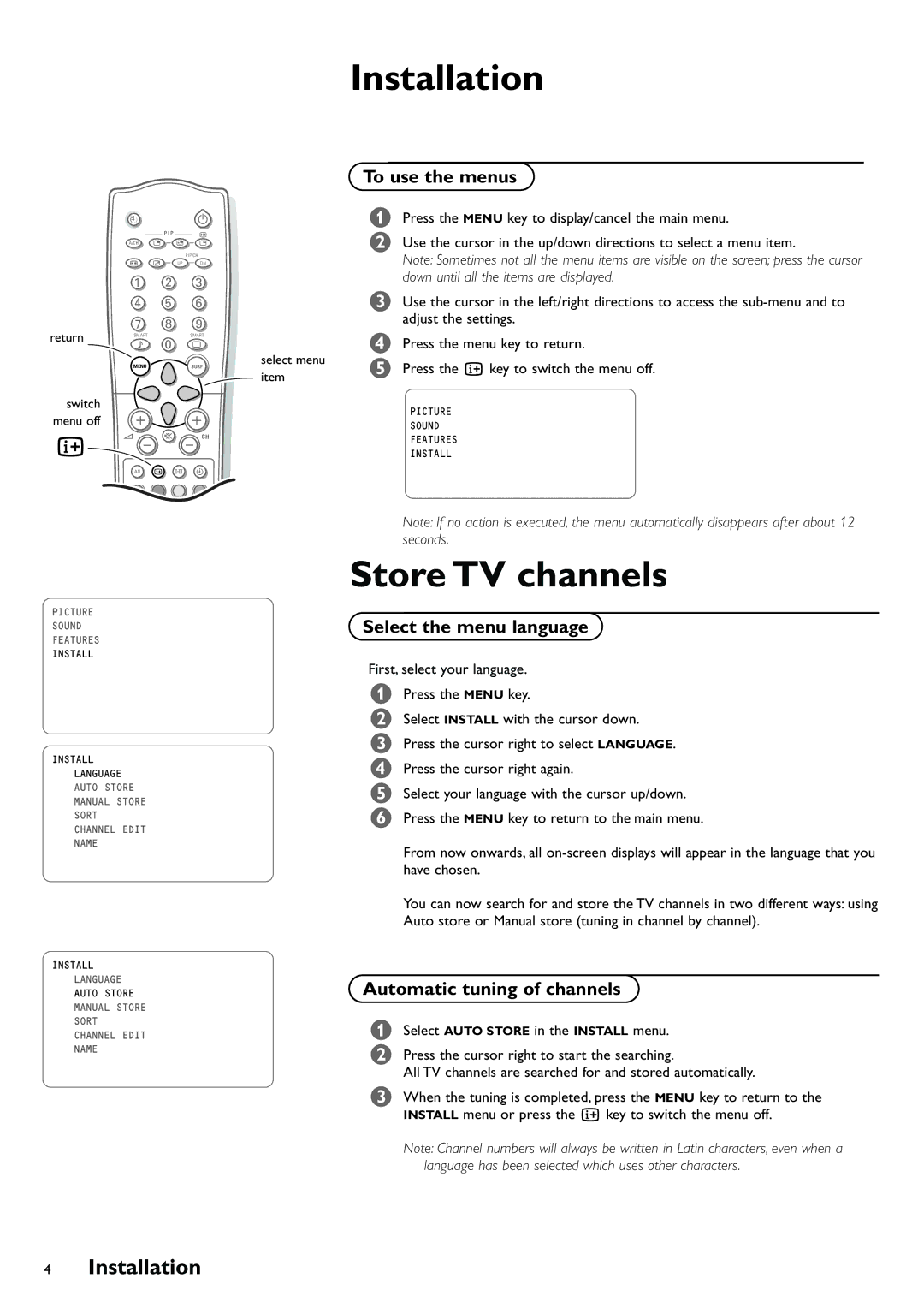 Philips 29PT8419/79R manual Installation, Store TV channels 