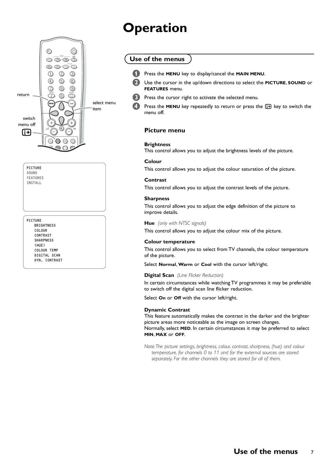 Philips 29PT8419/79R manual Operation, Use of the menus, Picture menu 