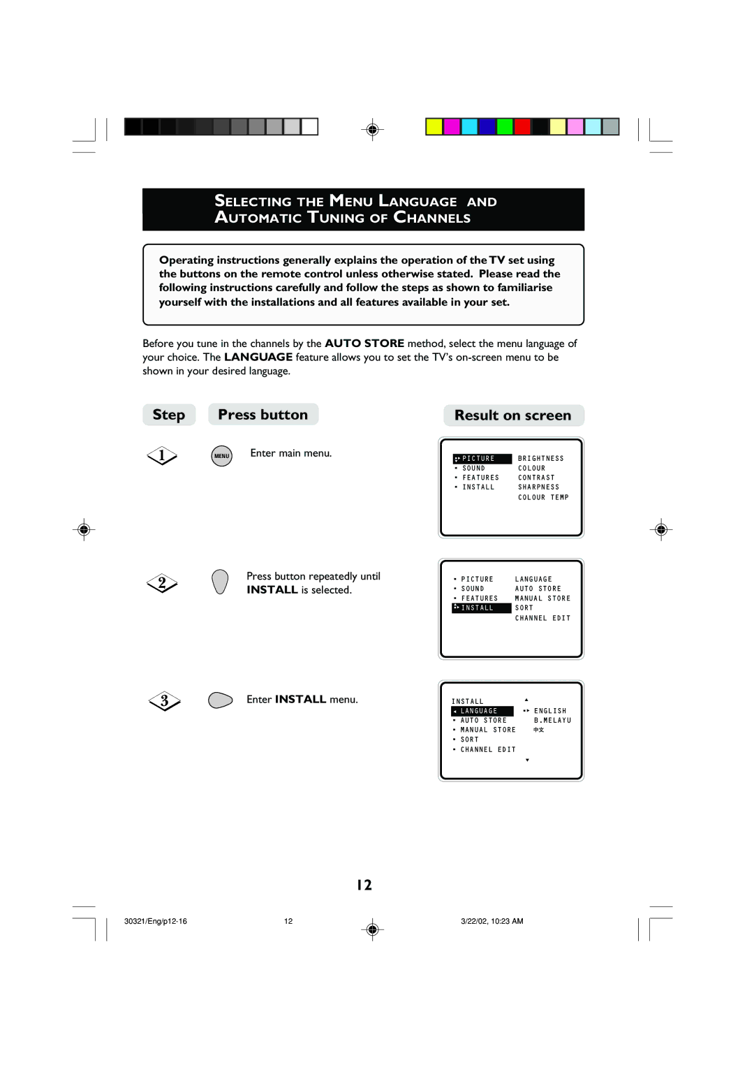 Philips 29PT8420 Selecting the Menu Language Automatic Tuning of Channels, Menu Enter main menu, Install is selected 