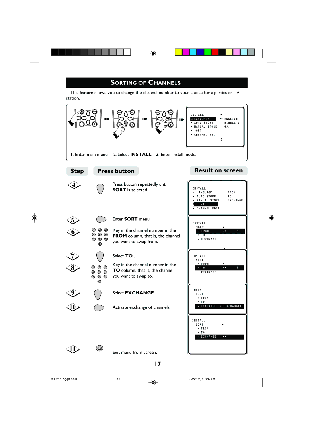 Philips 29PT8420 operating instructions Sorting of Channels, Enter main menu . Select Install . Enter install mode 