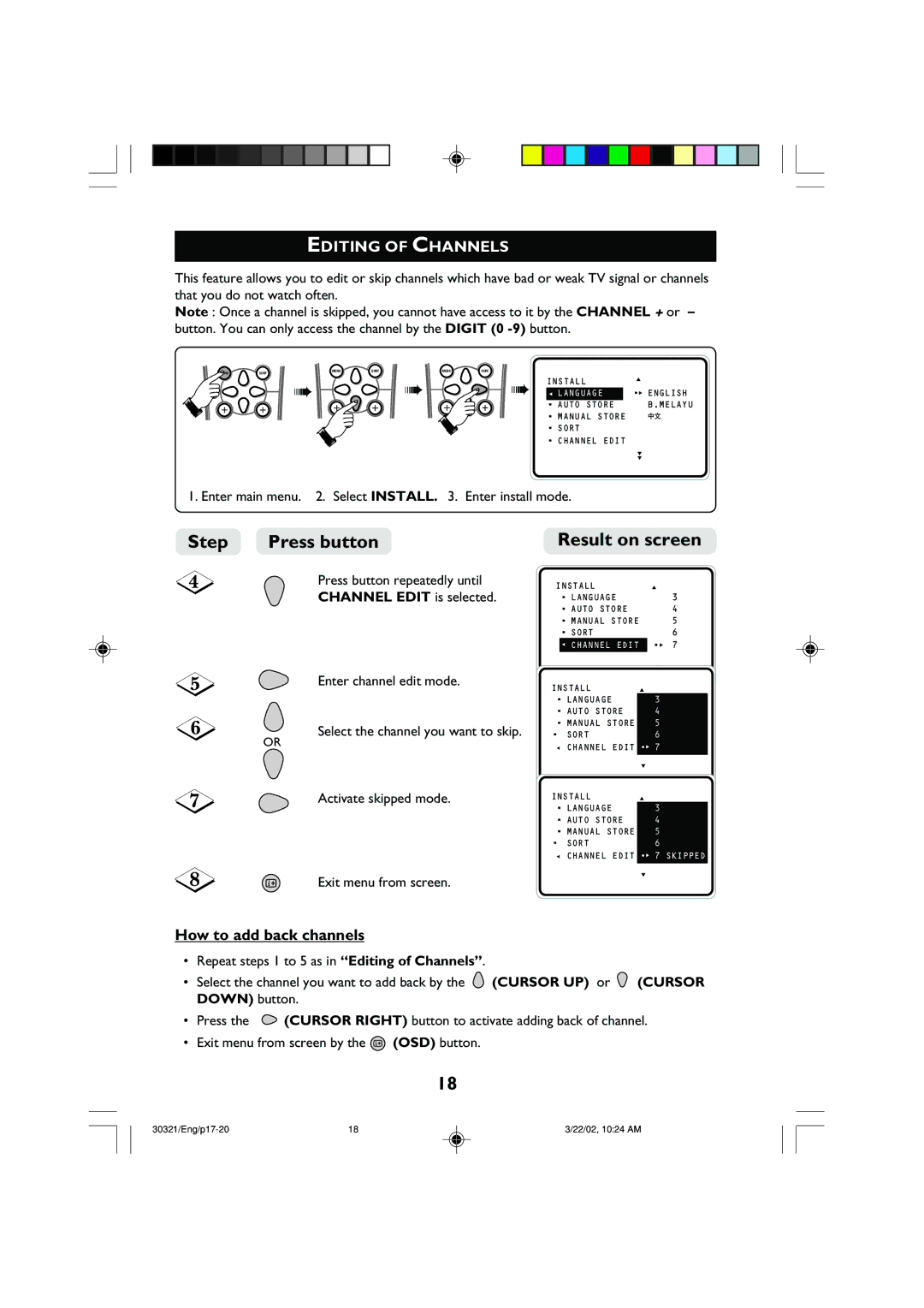 Philips 29PT8420 operating instructions Editing of Channels, How to add back channels, Channel Edit is selected 