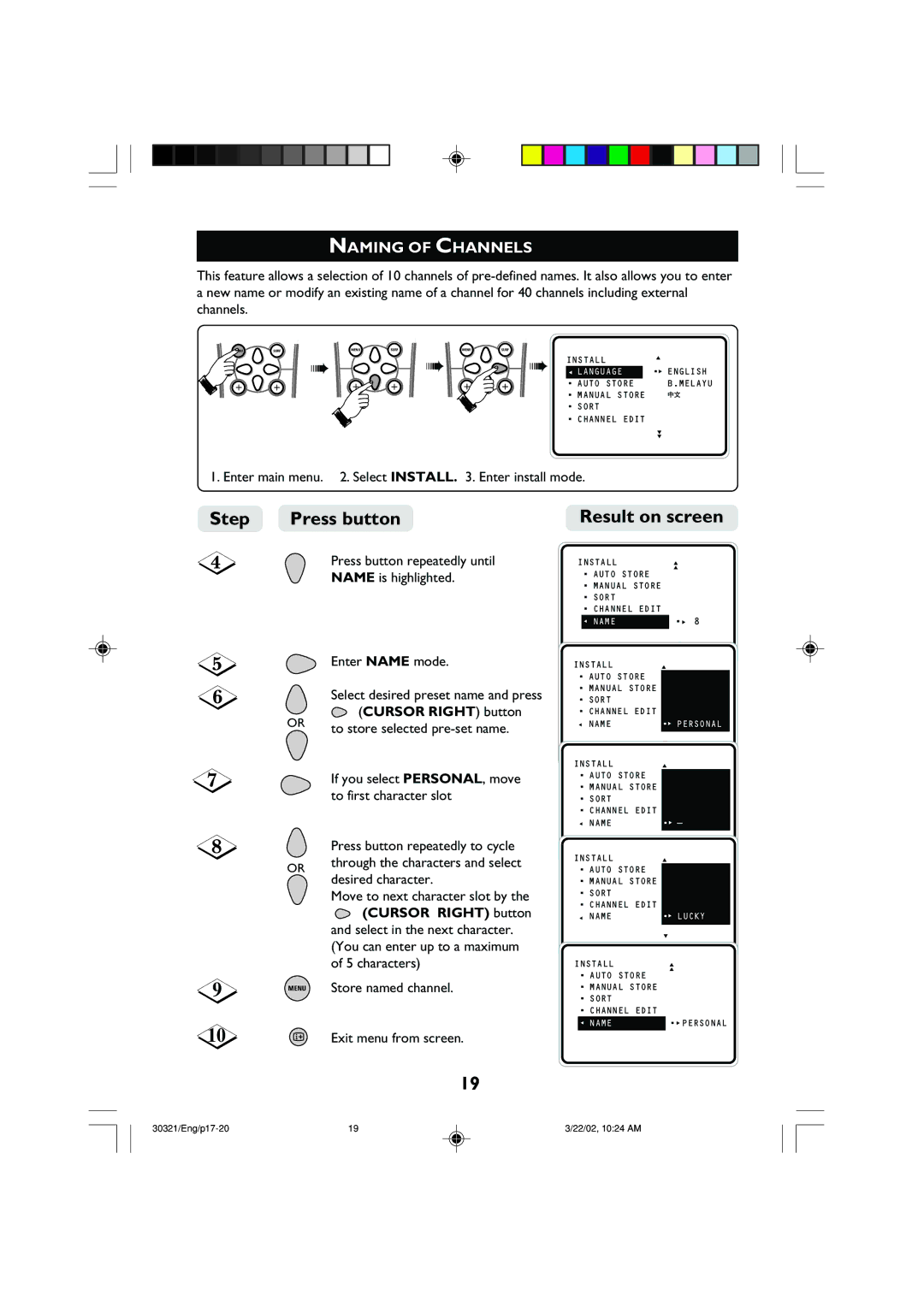 Philips 29PT8420 operating instructions Naming of Channels, Cursor Right button, To first character slot 