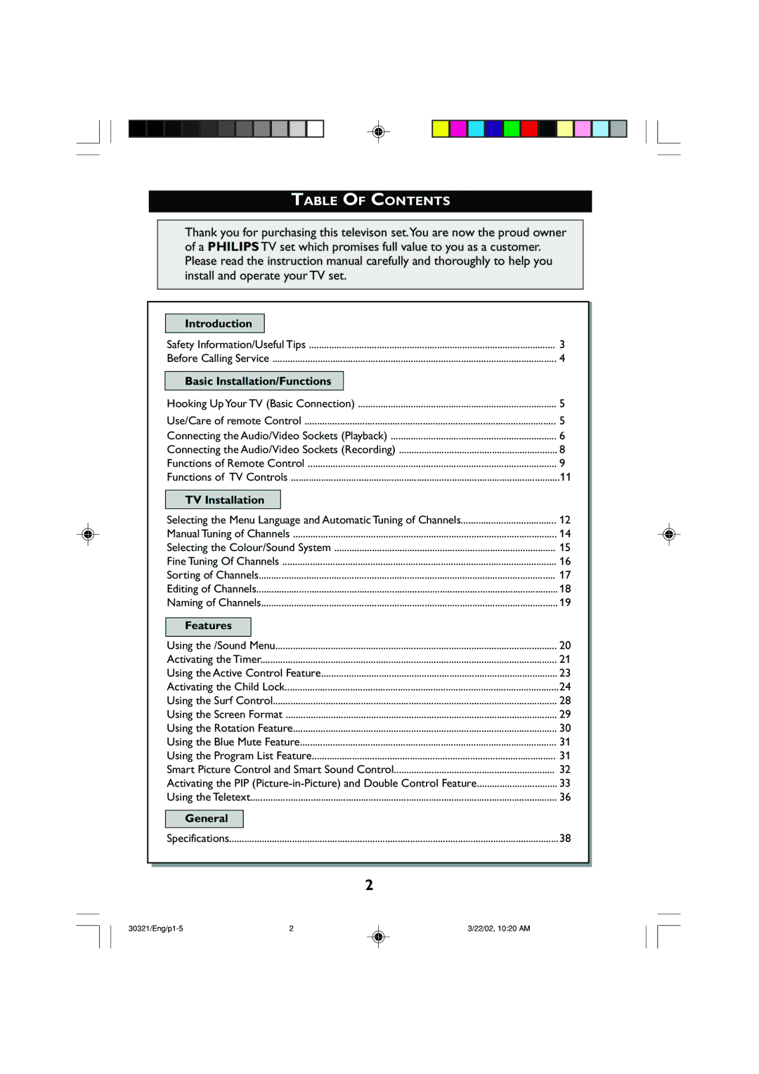 Philips 29PT8420 operating instructions Table of Contents 