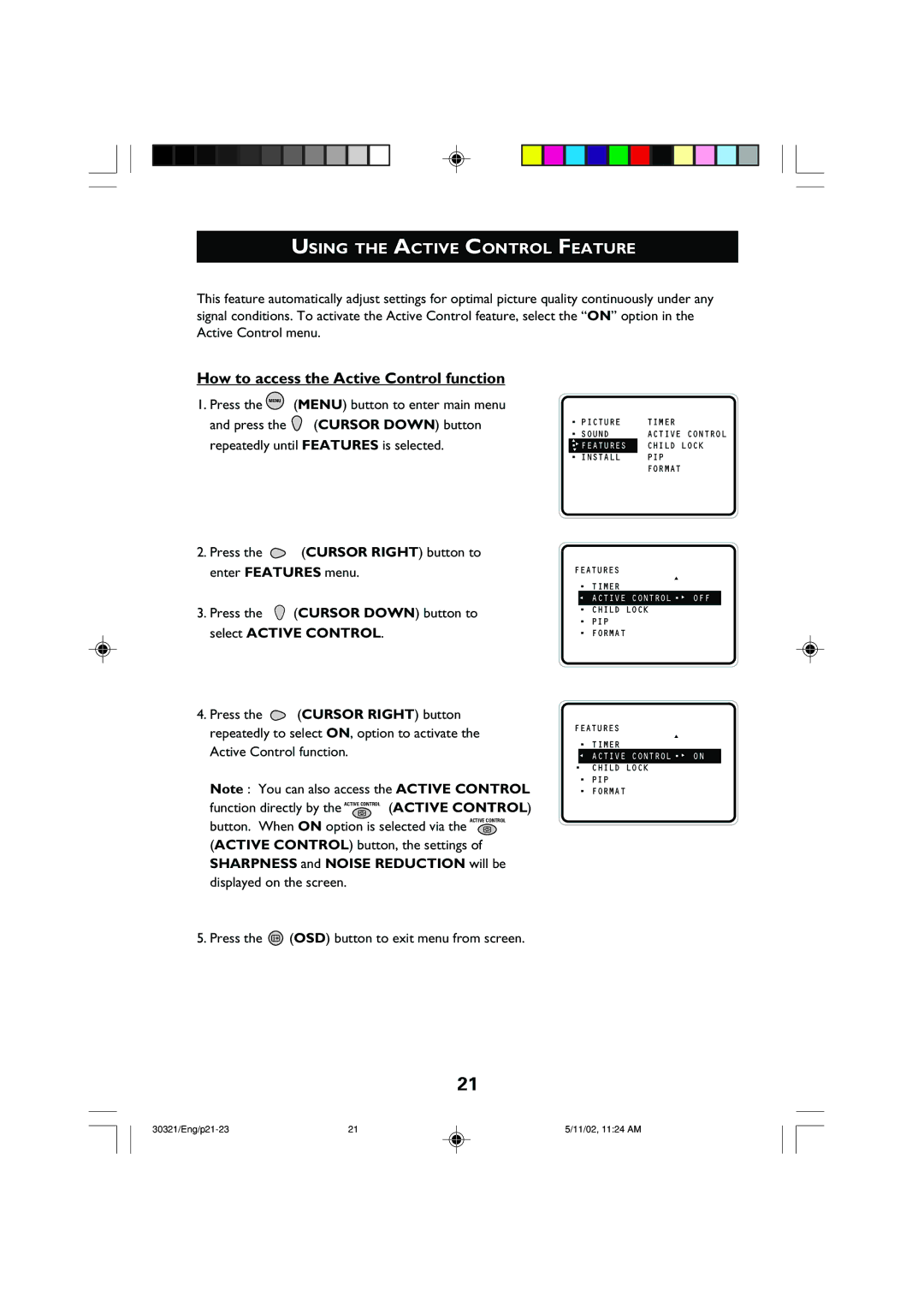 Philips 29PT8420 Using the Active Control Feature, How to access the Active Control function, Press the Menu 