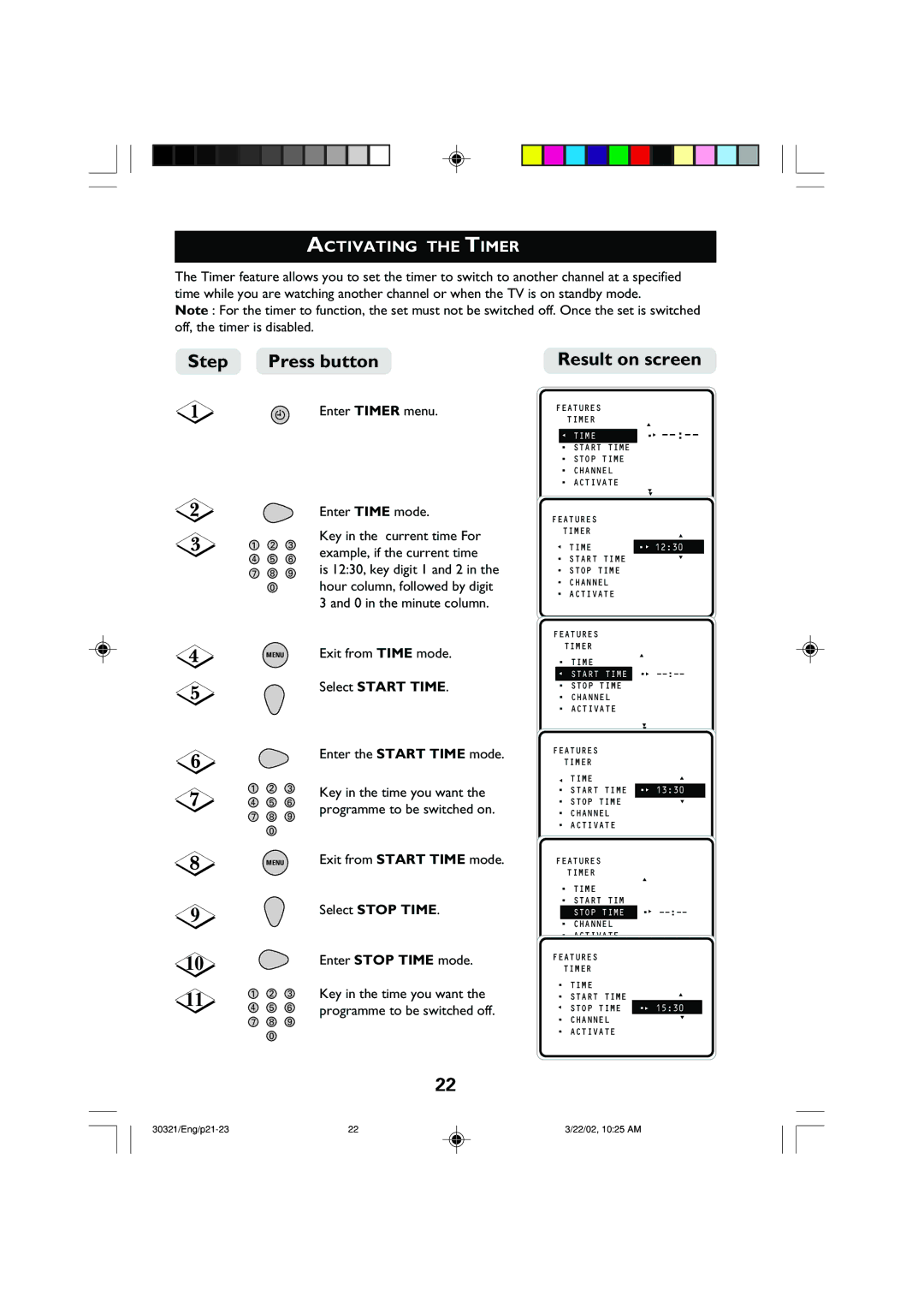 Philips 29PT8420 operating instructions Activating the Timer, Select Start Time, Select Stop Time 