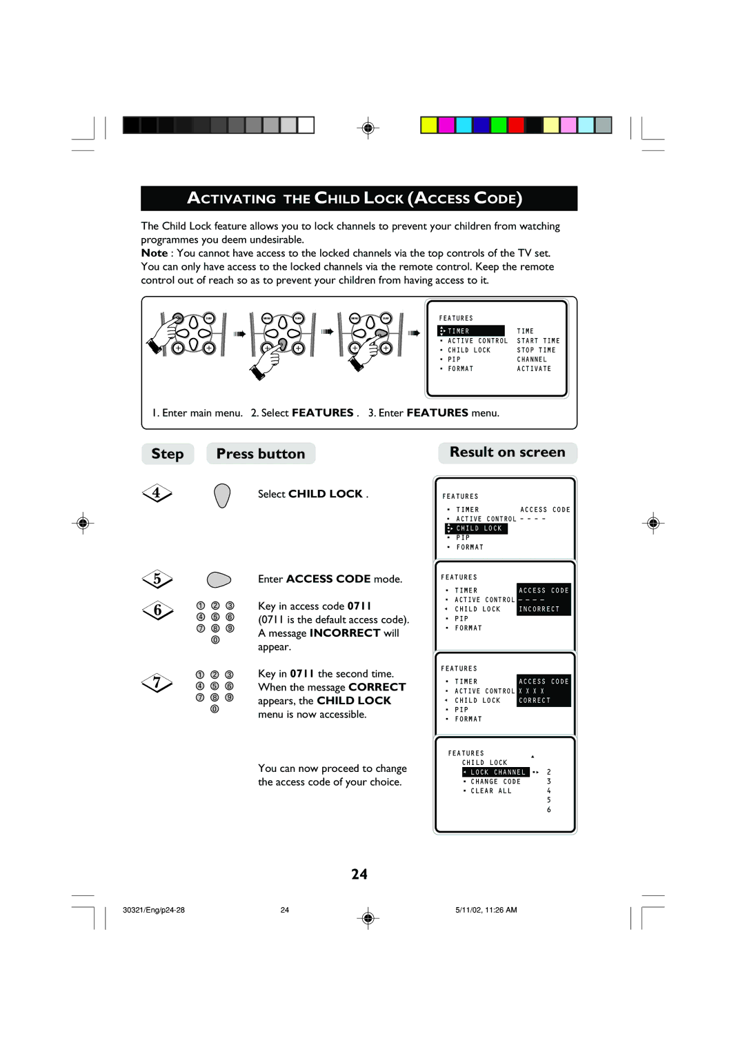 Philips 29PT8420 operating instructions Activating the Child Lock Access Code, Select Child Lock Enter Access Code mode 