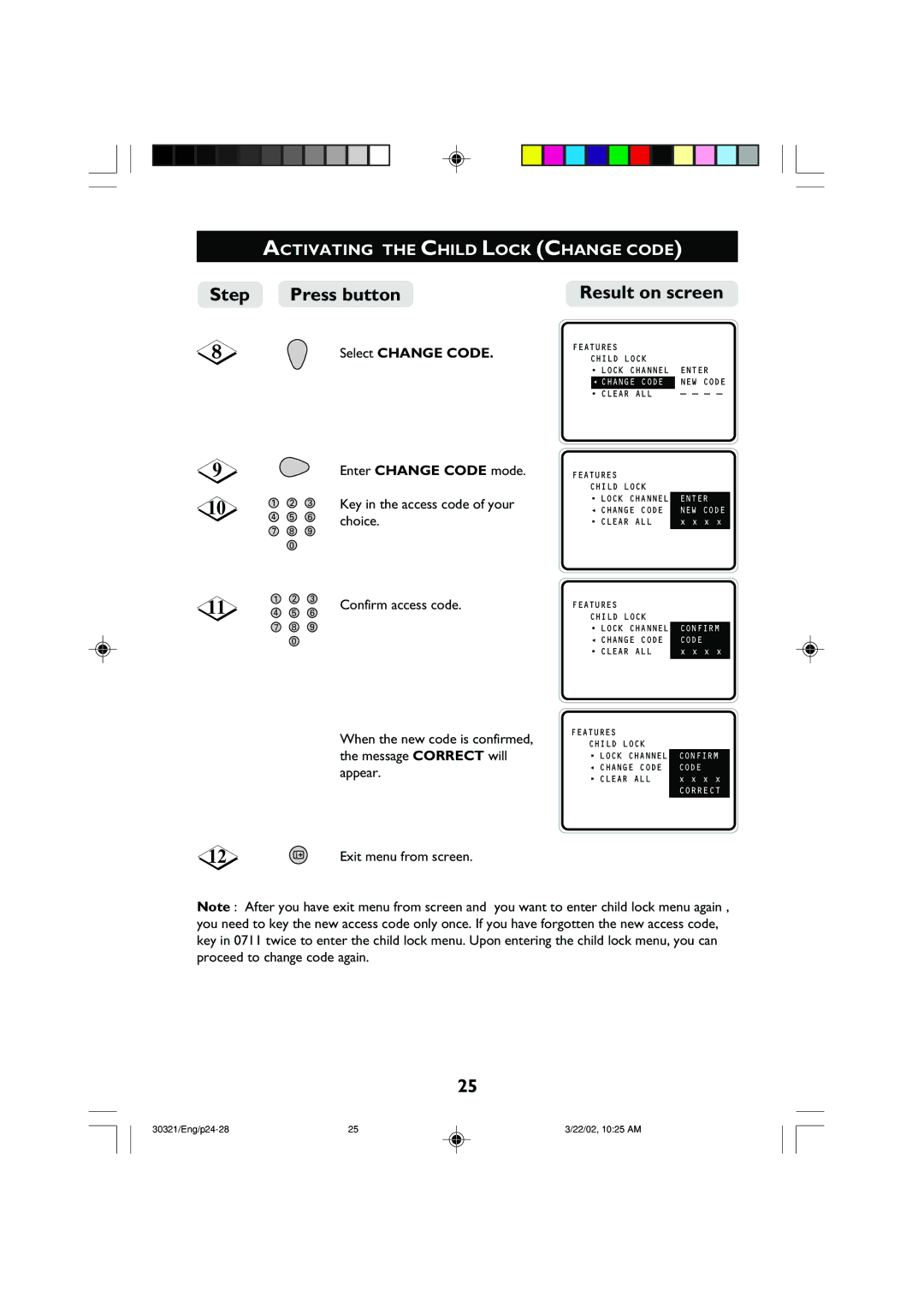 Philips 29PT8420 Activating the Child Lock Change Code, Select Change Code Enter Change Code mode, Choice 