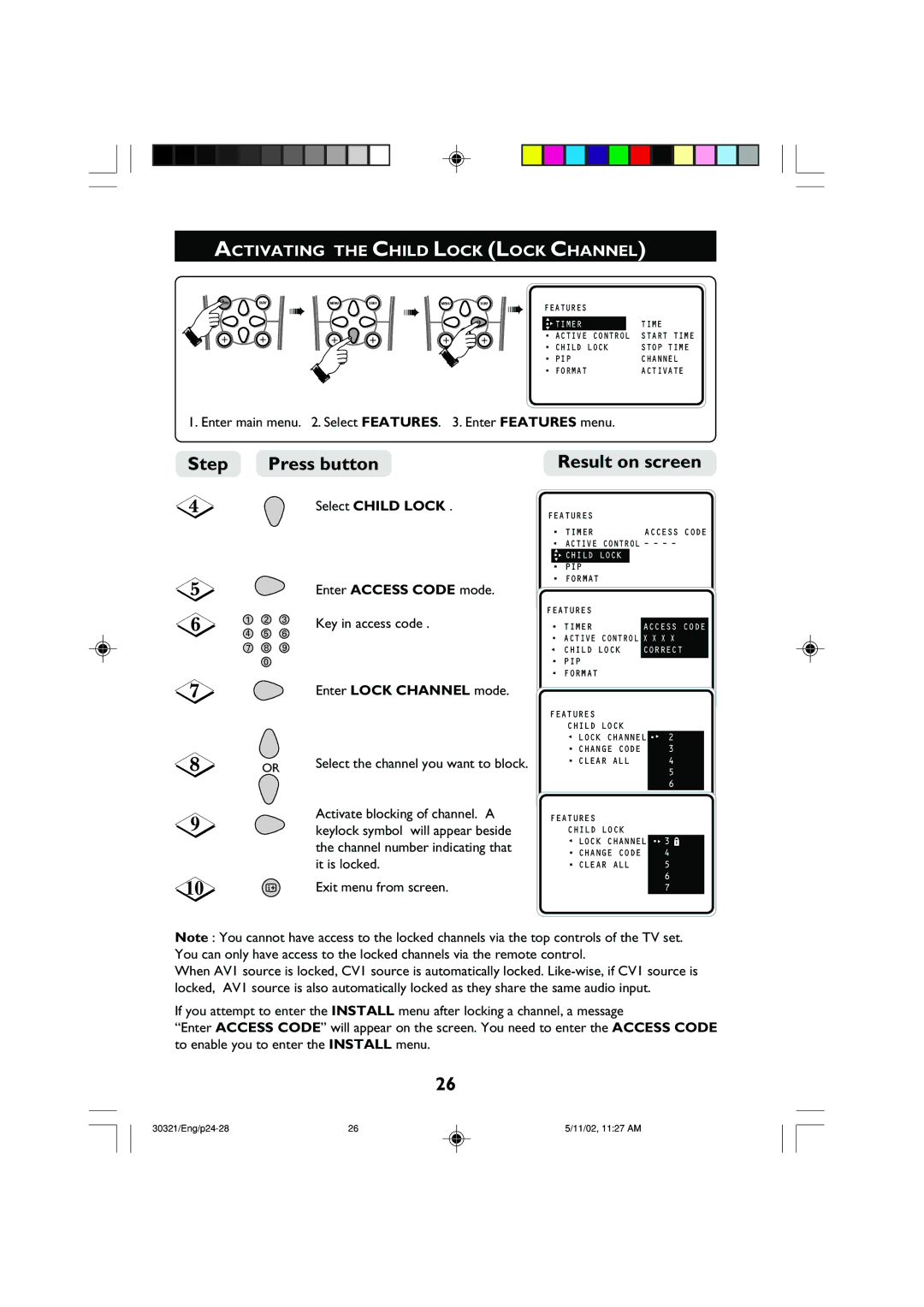 Philips 29PT8420 operating instructions Activating the Child Lock Lock Channel, Enter Lock Channel mode 