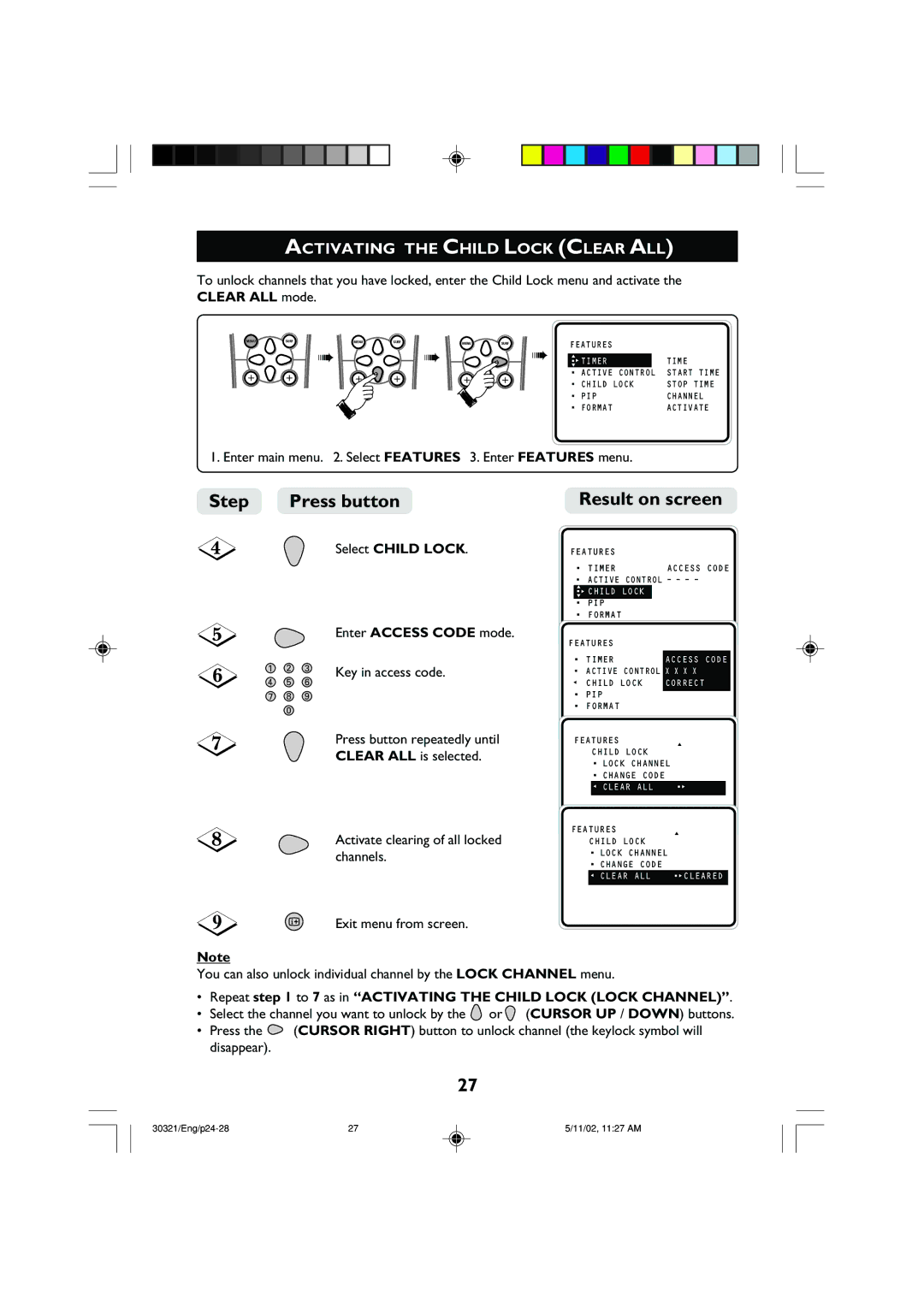 Philips 29PT8420 operating instructions Activating the Child Lock Clear ALL, Clear ALL mode 