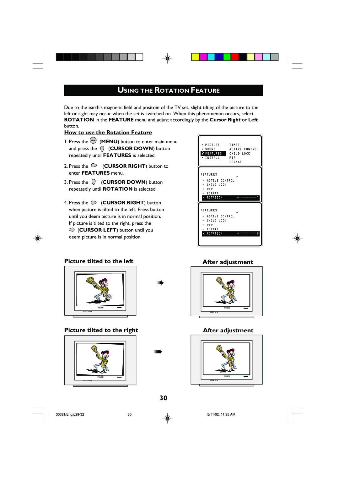 Philips 29PT8420 operating instructions Using the Rotation Feature, How to use the Rotation Feature 