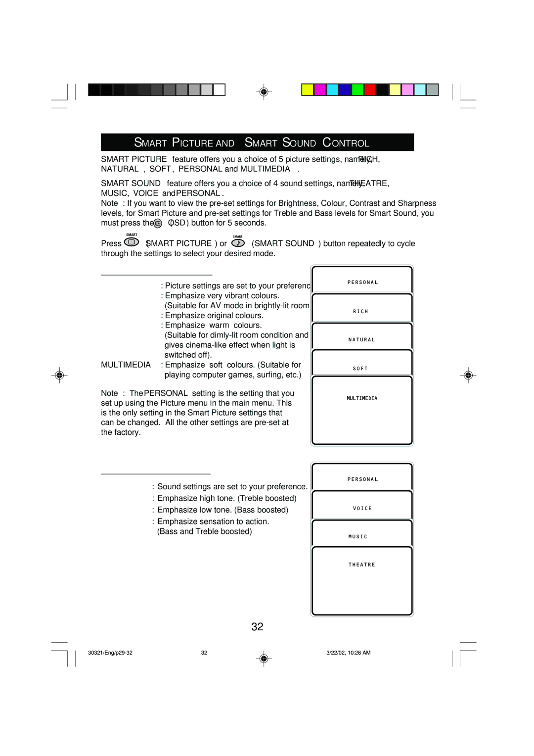 Philips 29PT8420 Smart Picture and Smart Sound Control, Definition of Picture Settings, Definition of Sound Settings 