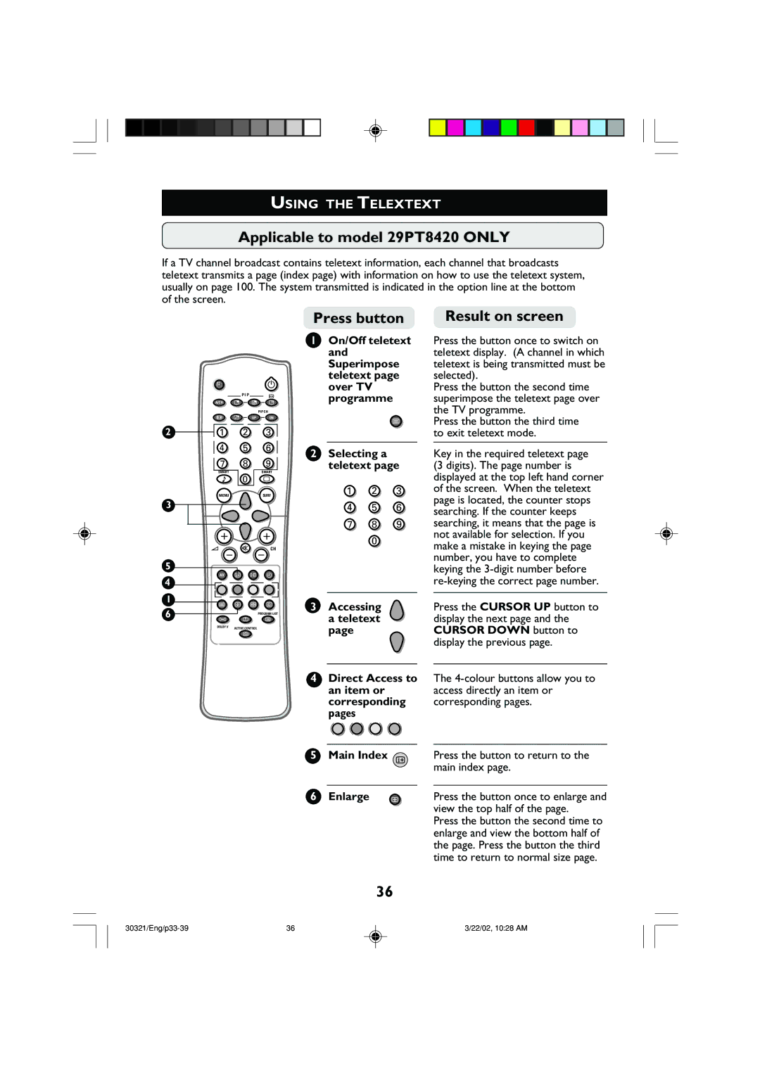 Philips 29PT8420 Using the Telextext, Accessing, Direct Access to The 4-colour buttons allow you to, View the top half 