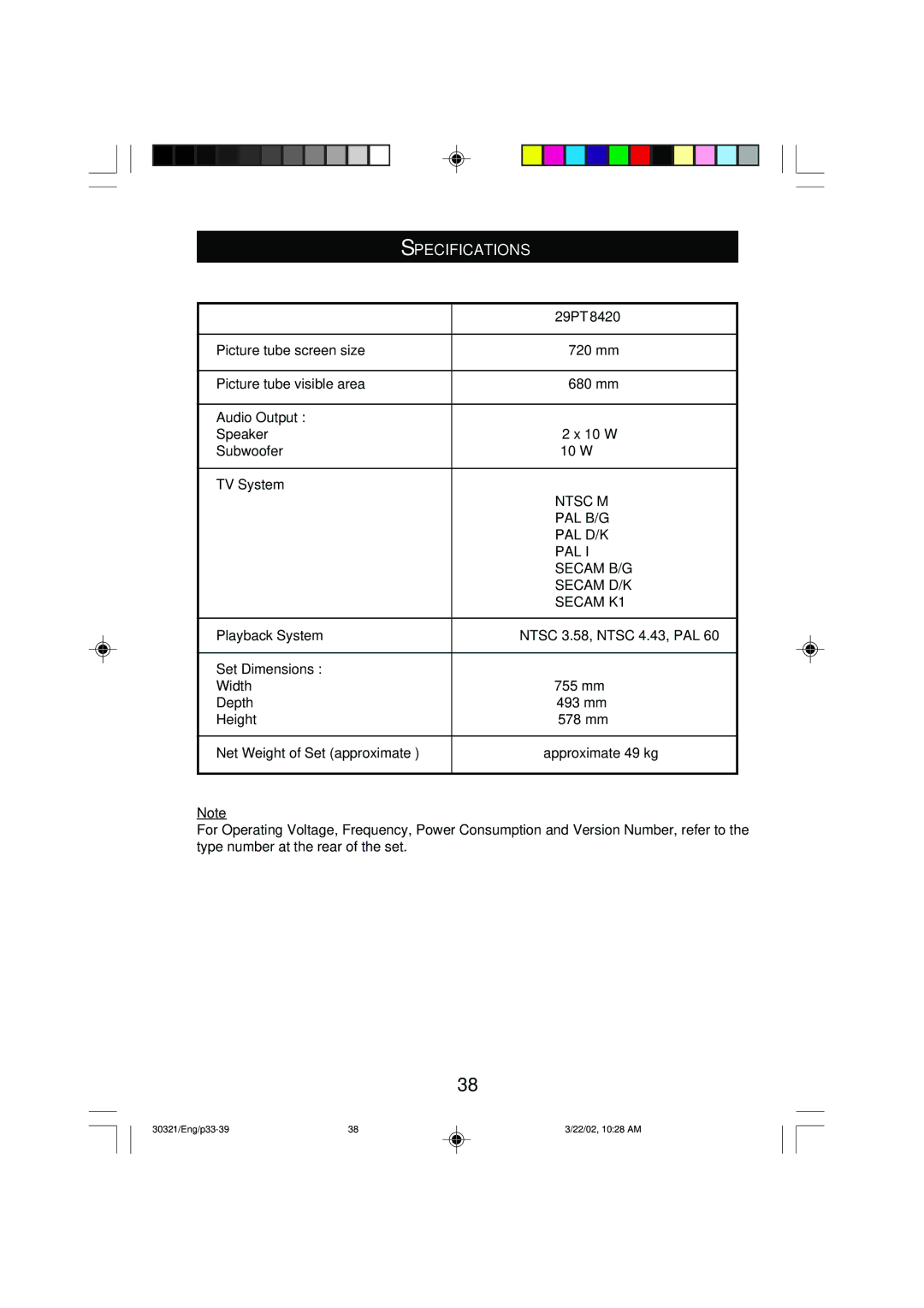 Philips 29PT8420 operating instructions Specifications 