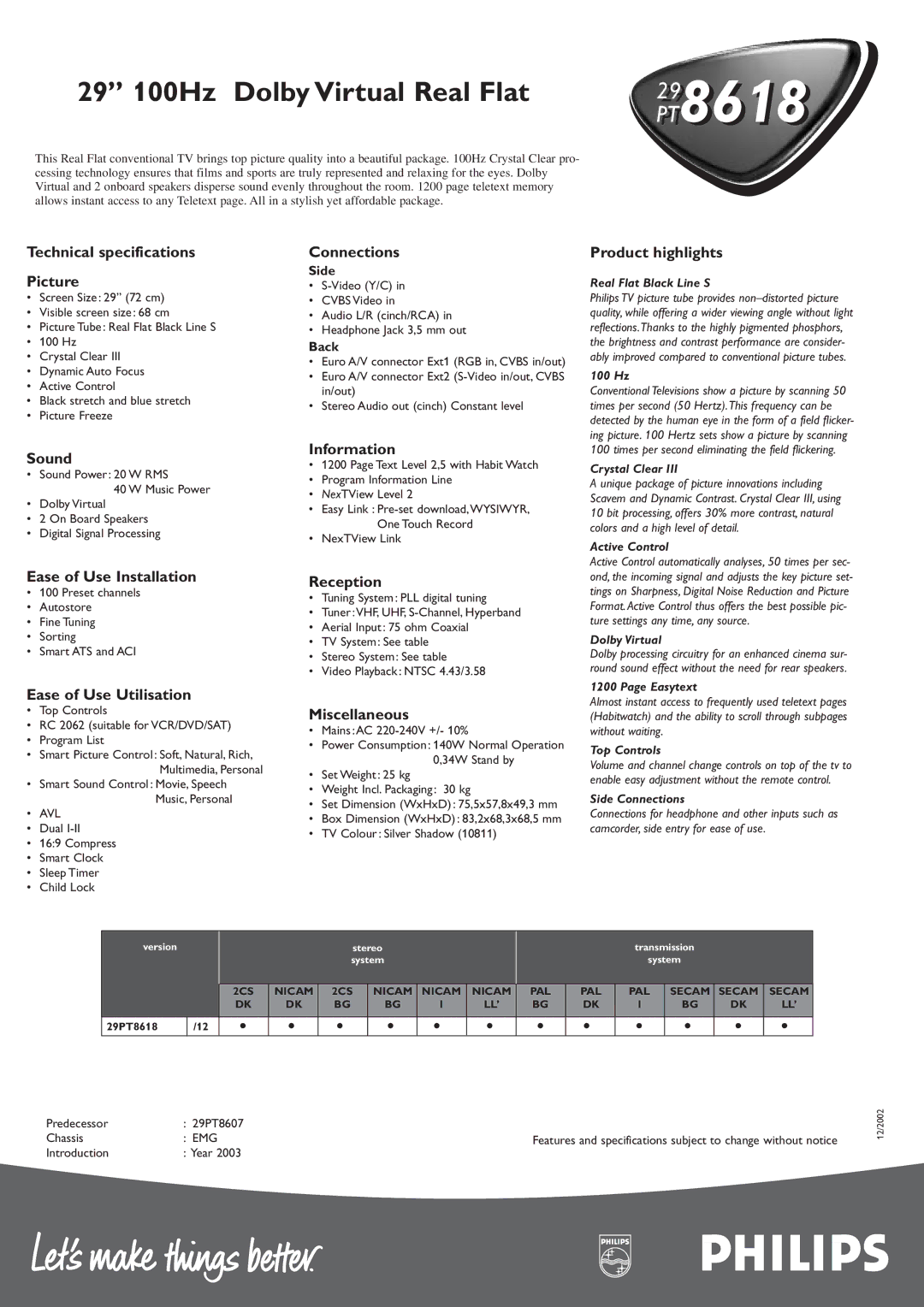 Philips 29PT8618 Technical specifications Picture, Sound, Ease of Use Installation, Ease of Use Utilisation, Connections 