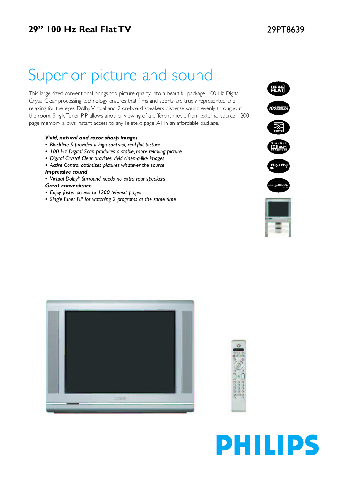 Philips 29PT8639 manual Vivid, natural and razor sharp images, Impressive sound, Great convenience 