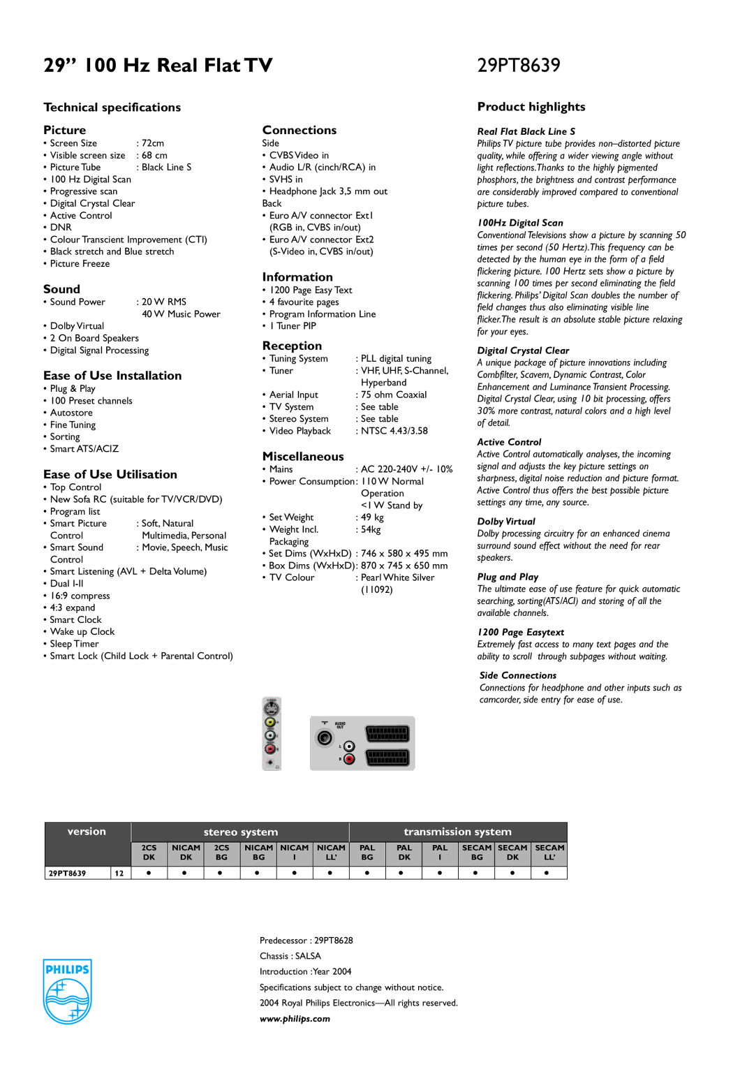 Philips 29PT8639 Technical specifications Picture, Sound, Ease of Use Installation, Ease of Use Utilisation, Connections 