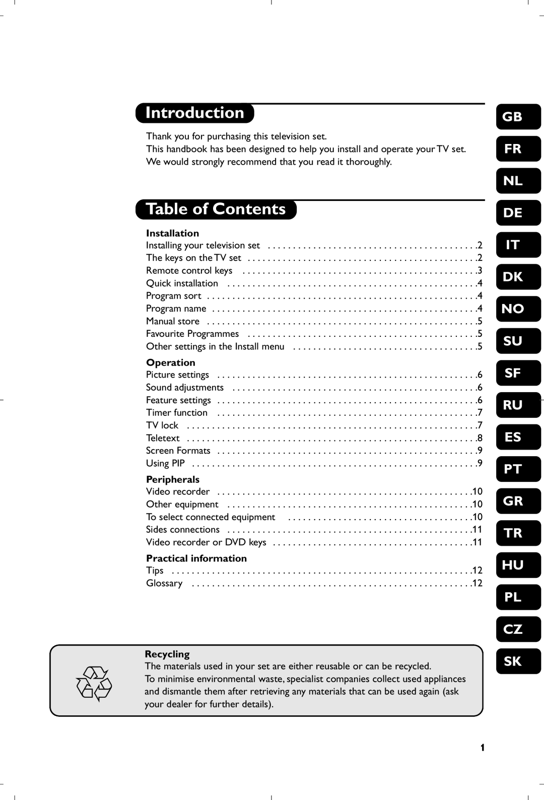 Philips 29PT8640/12 manual Introduction, Table of Contents 