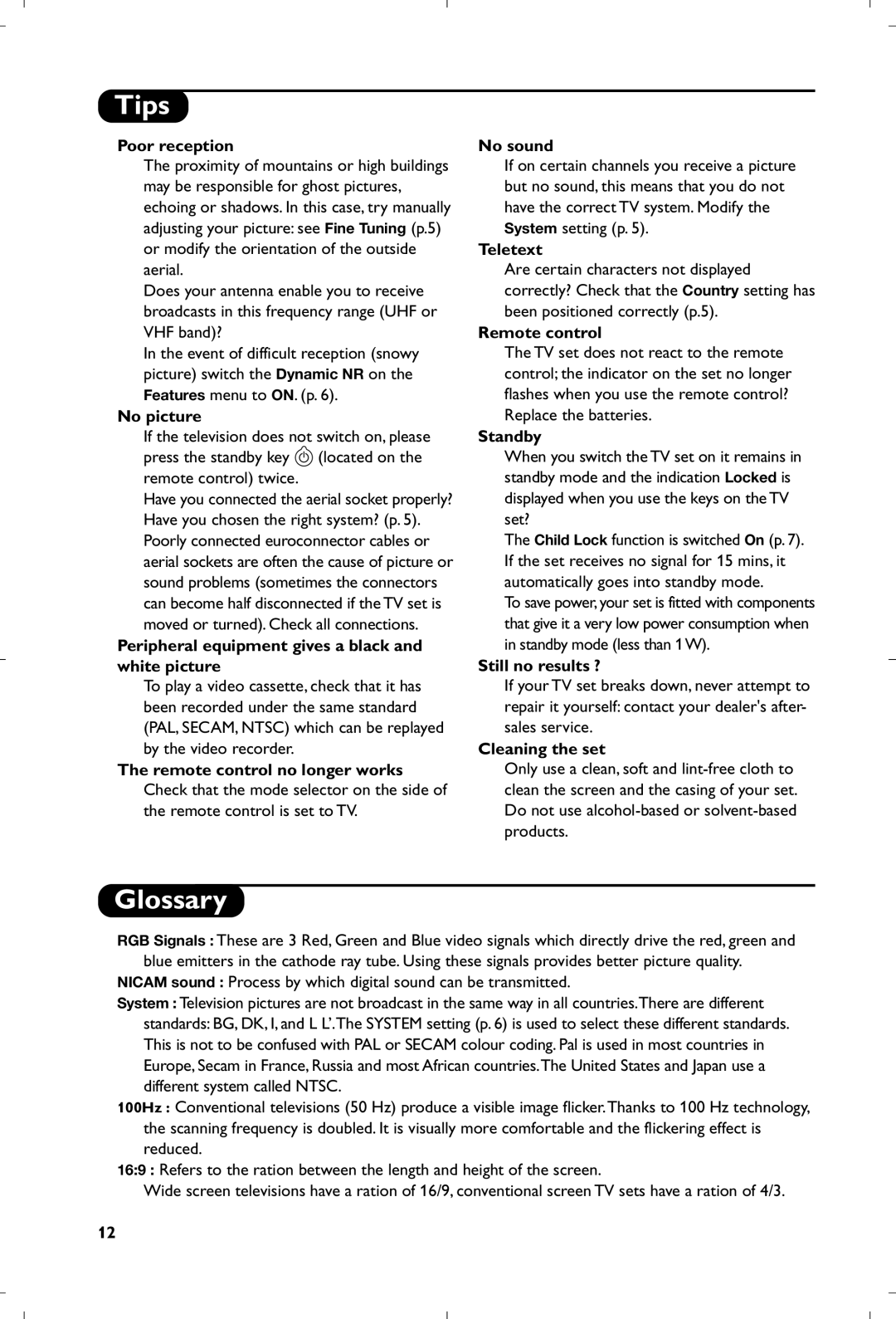 Philips 29PT8640/12 manual Tips, Glossary 