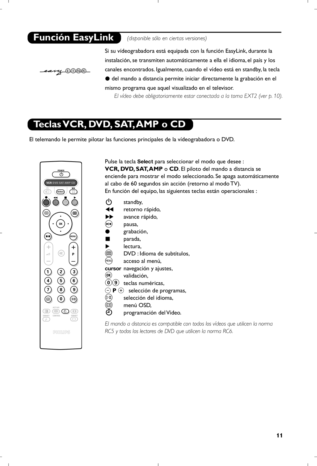 Philips 29PT8640/12 manual Teclas VCR, DVD, SAT,AMP o CD, Función EasyLink disponible sólo en ciertas versiones 