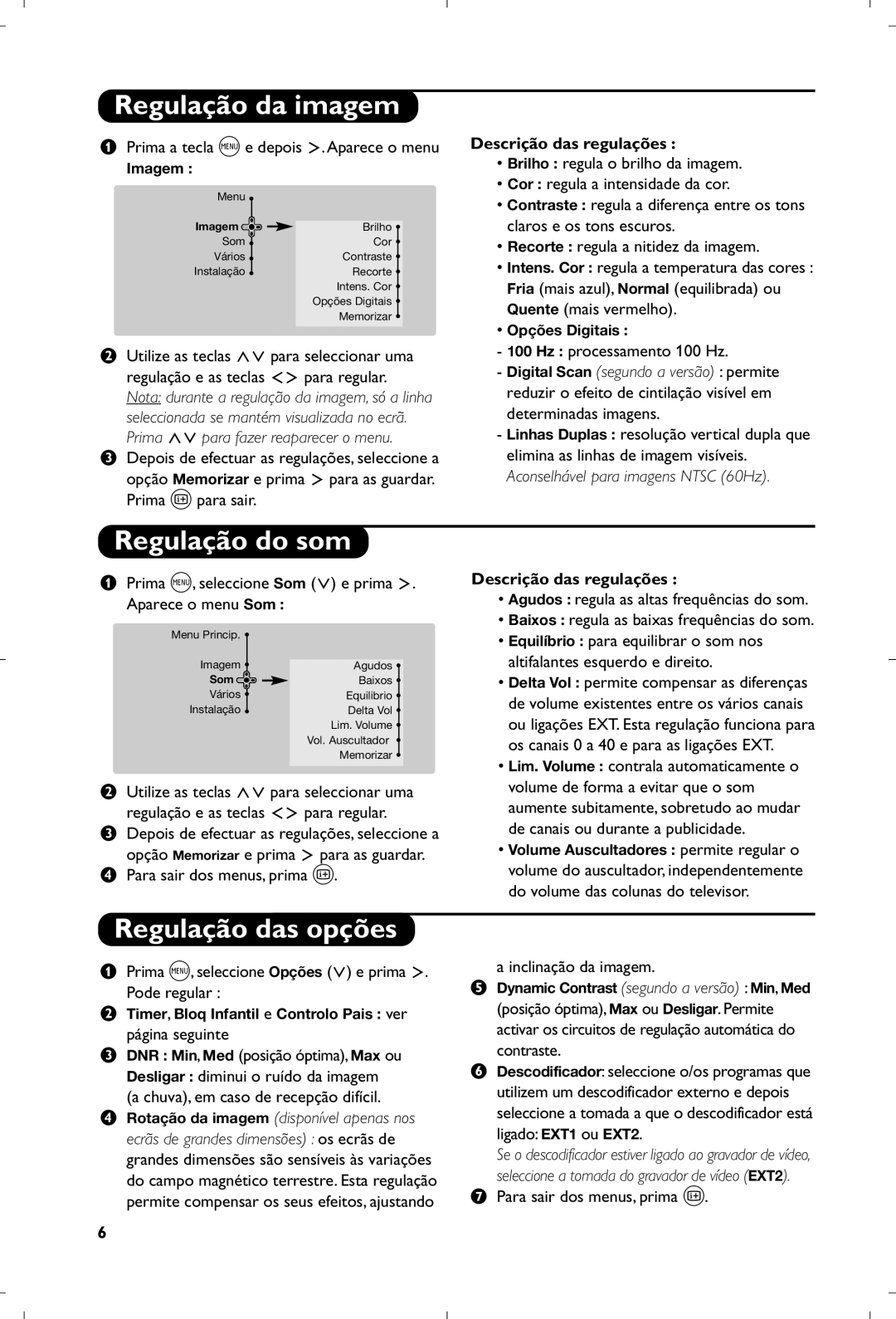 Philips 29PT8640/12 manual Regulação da imagem, Regulação do som, Regulação das opções, Descrição das regulações 