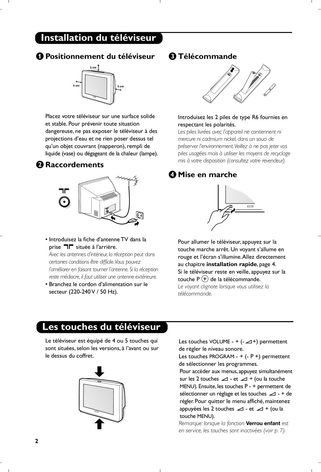 Philips 29PT8640/12 manual Installation du téléviseur, Les touches du téléviseur, Positionnement du téléviseur Télécommande 