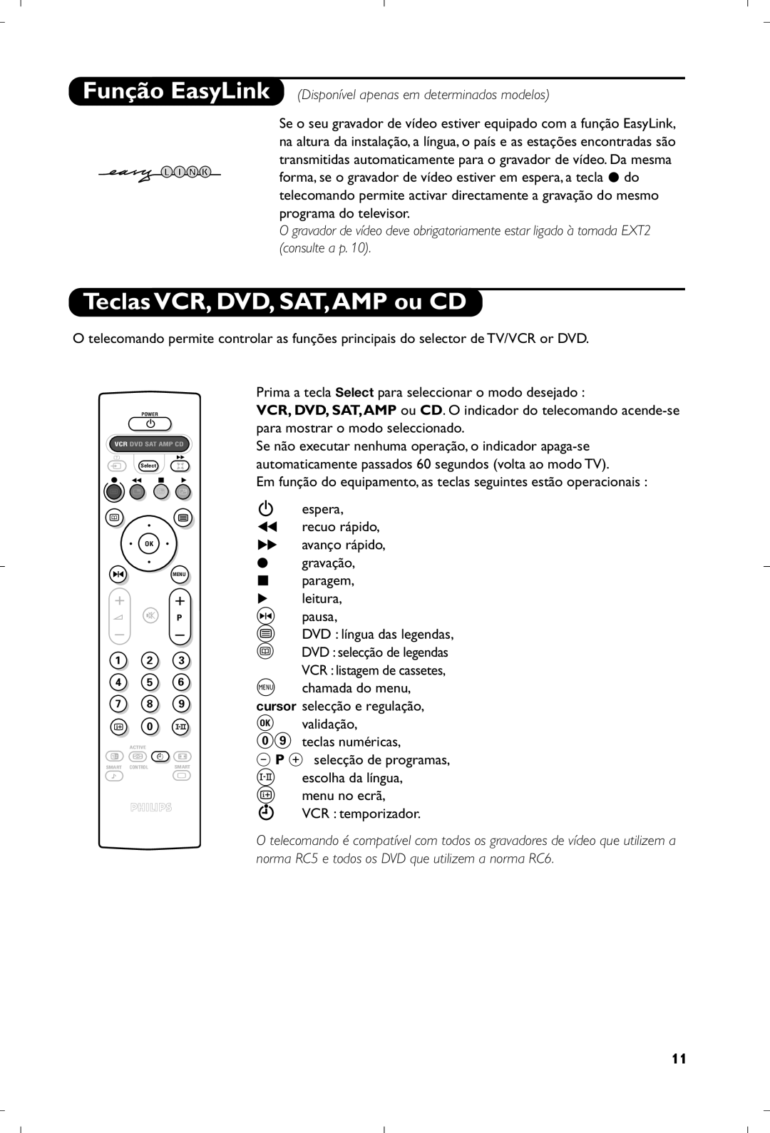 Philips 29PT8640/12 manual Teclas VCR, DVD, SAT,AMP ou CD, Função EasyLink Disponível apenas em determinados modelos 