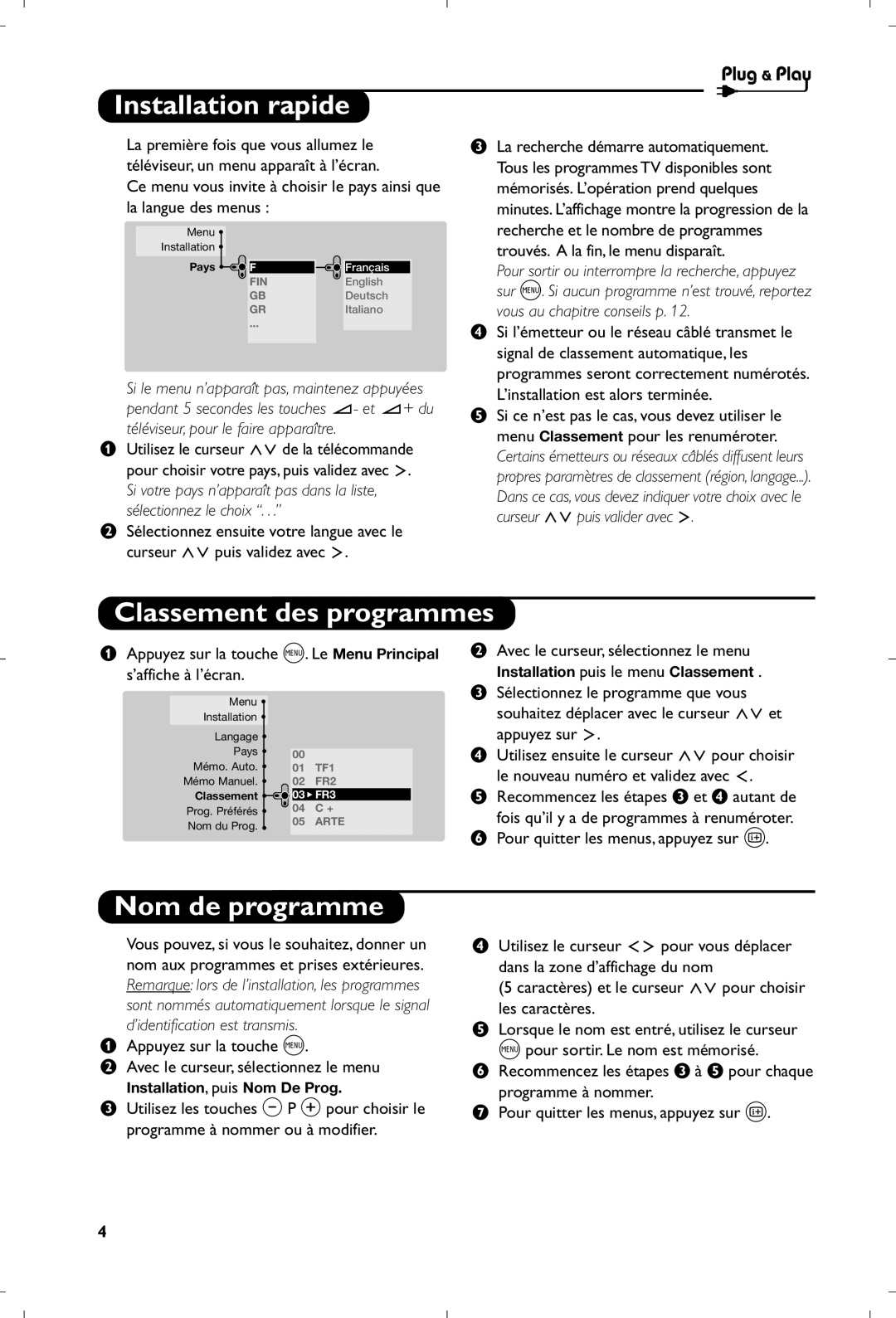 Philips 29PT8640/12 manual Installation rapide, Classement des programmes, Nom de programme 