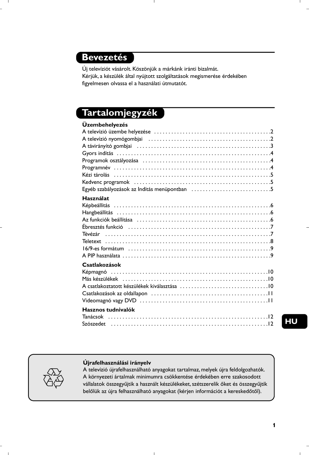 Philips 29PT8640/12 manual Bevezetés, Tartalomjegyzék 