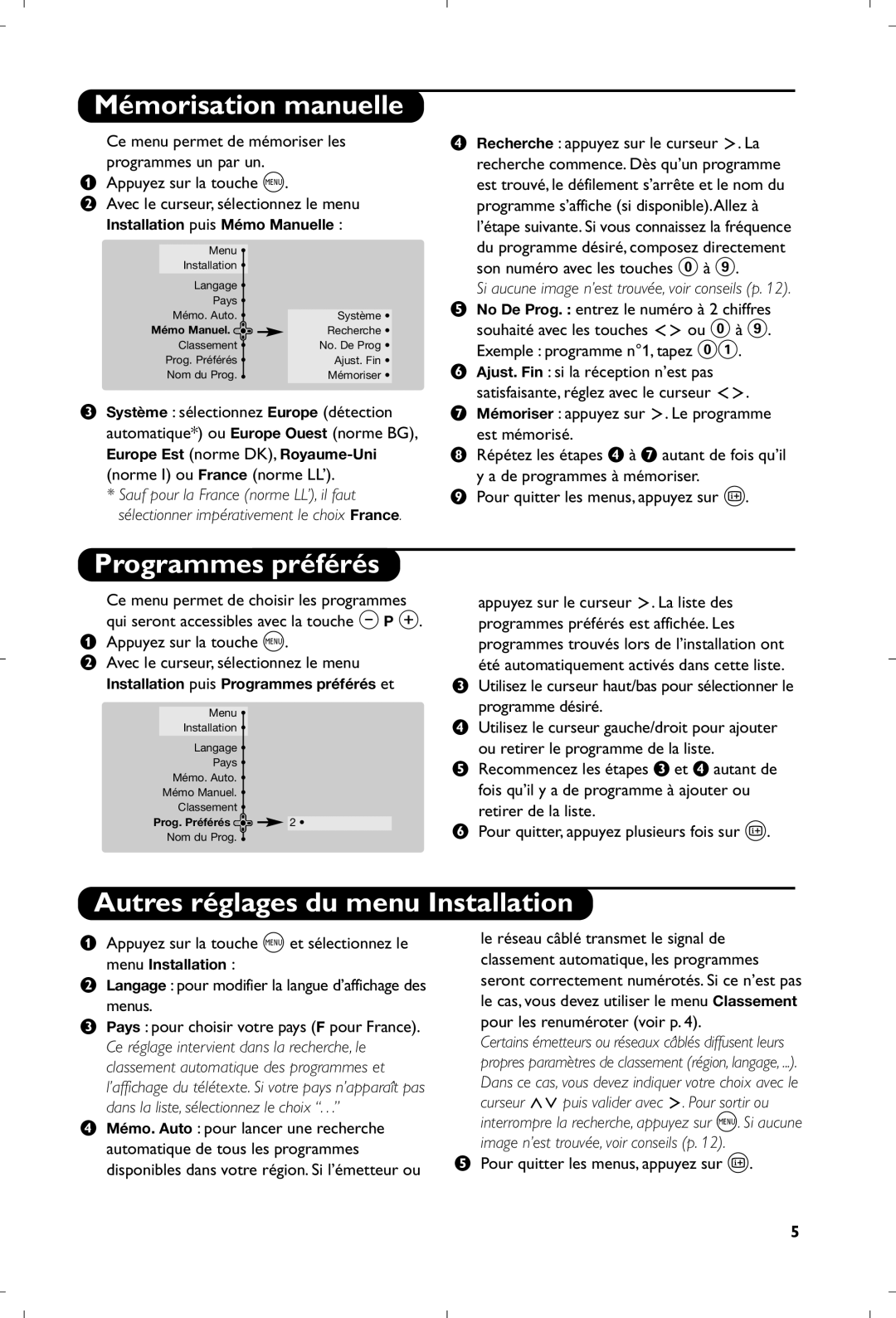 Philips 29PT8640/12 manual Mémorisation manuelle, Programmes préférés, Autres réglages du menu Installation 