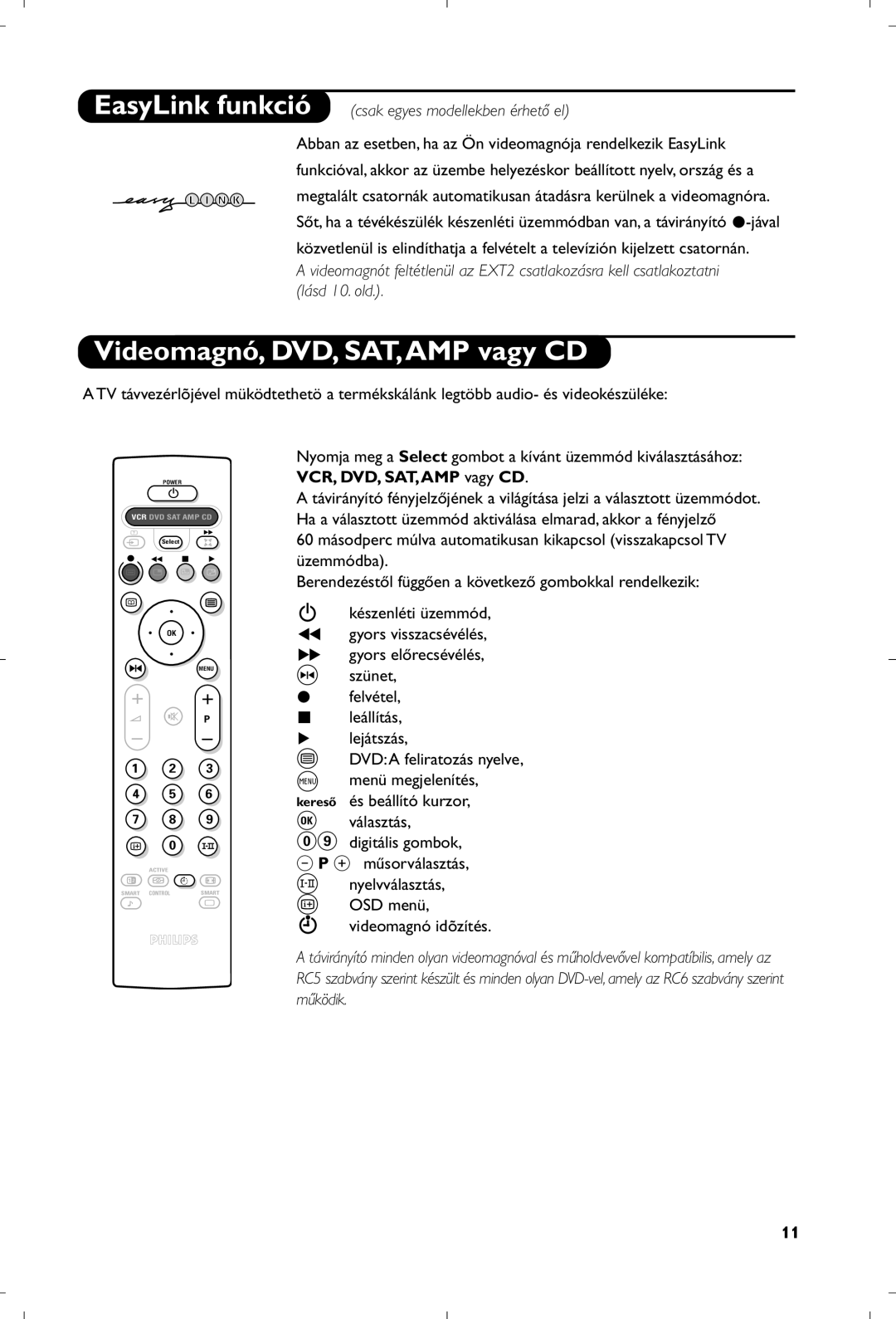 Philips 29PT8640/12 manual Videomagnó, DVD, SAT,AMP vagy CD, EasyLink funkció csak egyes modellekben érhető el 