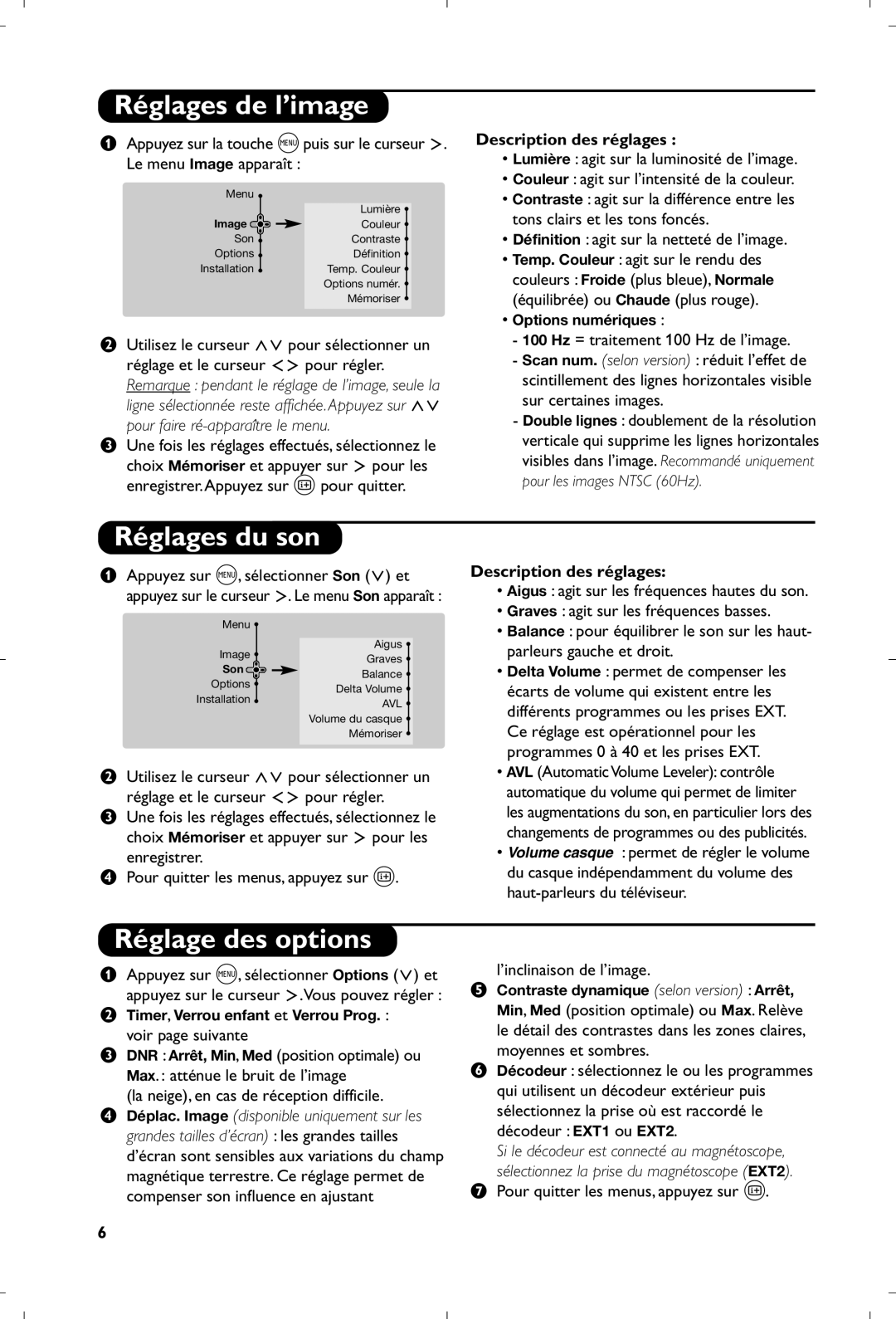 Philips 29PT8640/12 manual Réglages de l’image, Réglages du son, Réglage des options, Description des réglages 