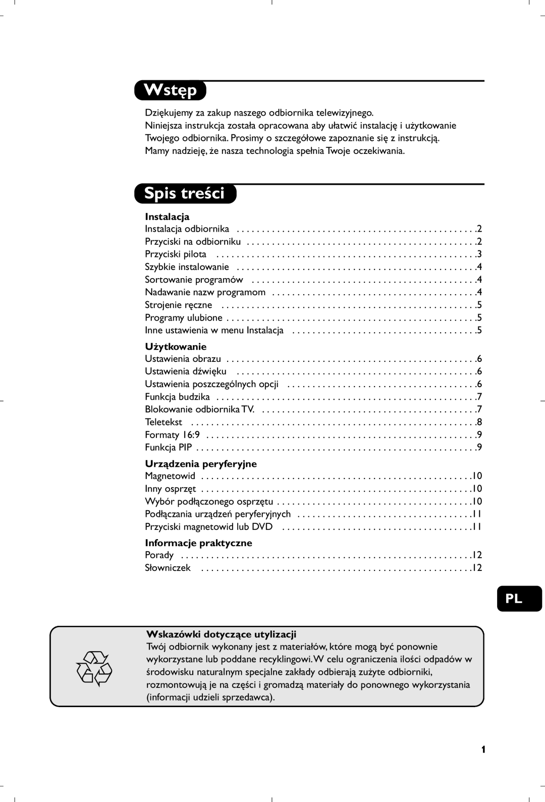 Philips 29PT8640/12 manual Wstęp, Spis treści 