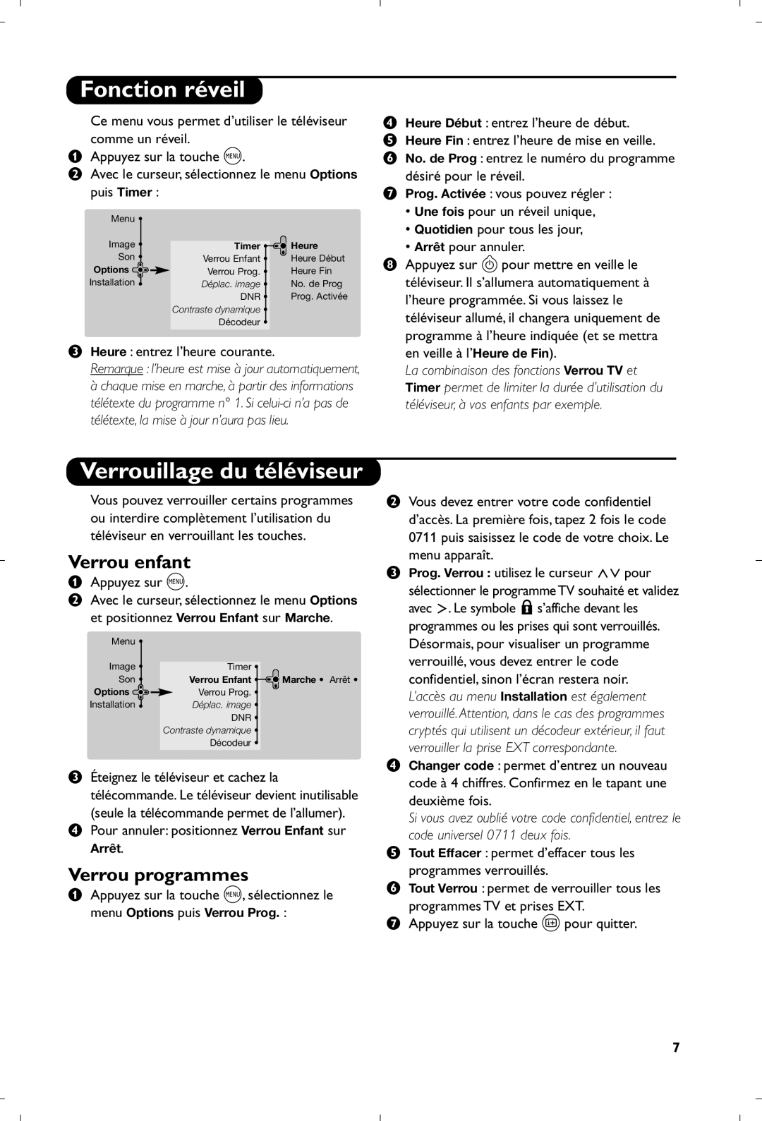 Philips 29PT8640/12 manual Fonction réveil, Verrouillage du téléviseur, Verrou enfant, Verrou programmes 