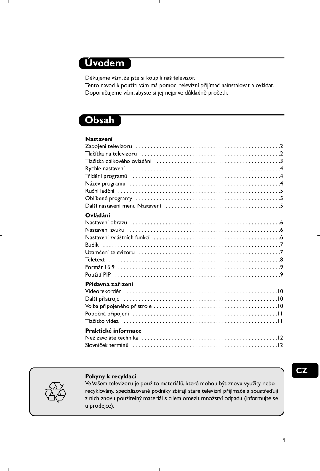 Philips 29PT8640/12 manual Úvodem, Obsah 