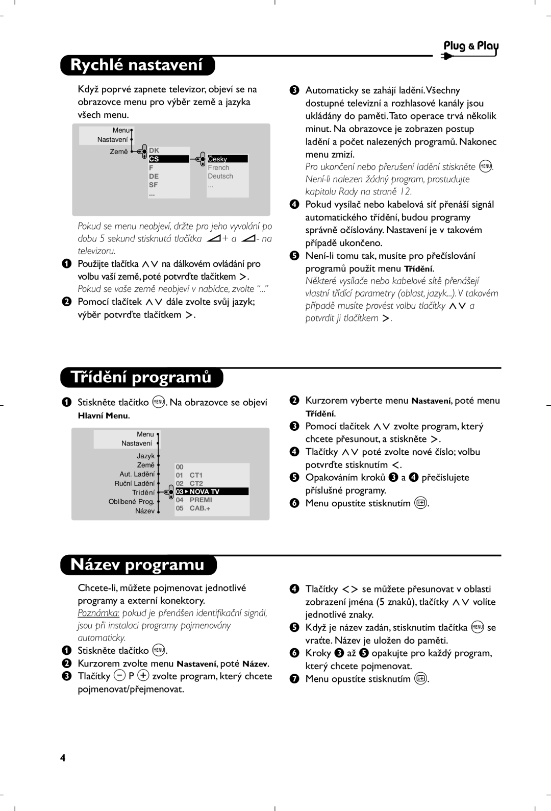 Philips 29PT8640/12 manual Rychlé nastavení, Třídění programů, Název programu 