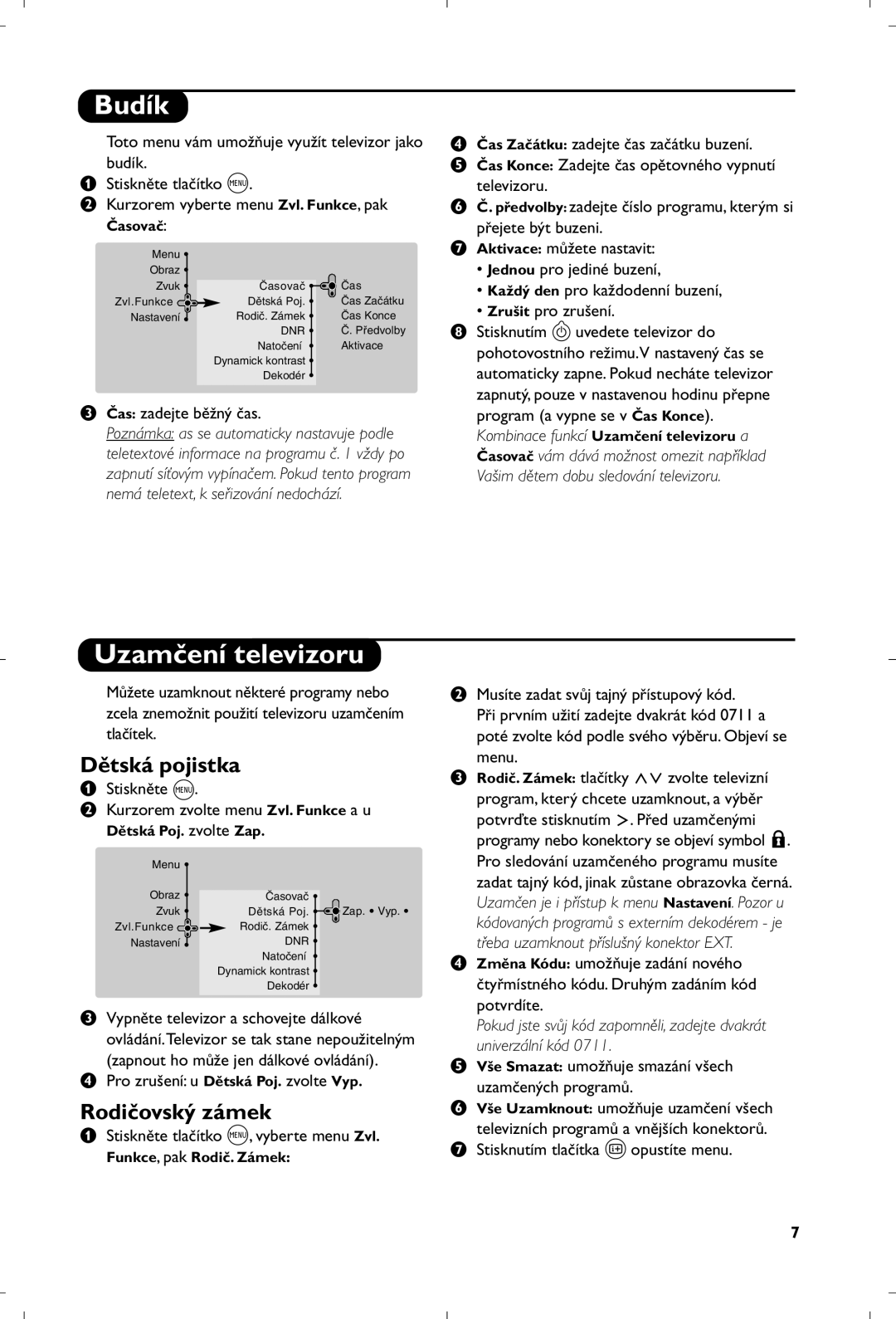 Philips 29PT8640/12 manual Budík, Uzamčení televizoru, Dětská pojistka, Rodičovský zámek 