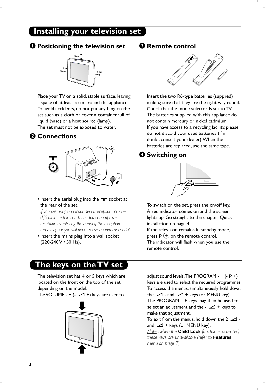 Philips 29PT8640/12 manual Installing your television set, Keys on the TV set, Remote control, Connections, ‘ Switching on 