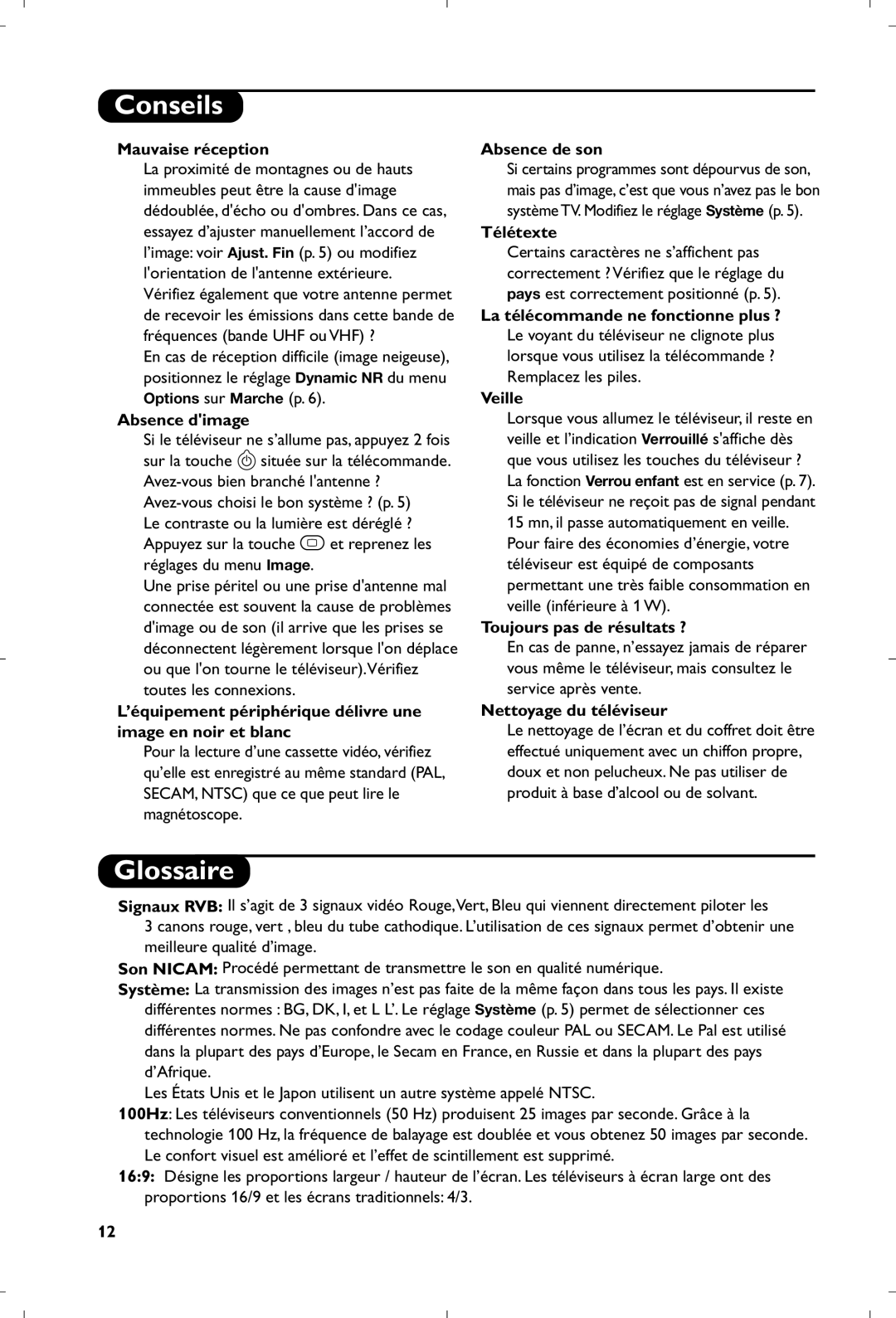 Philips 29PT8640/12 manual Conseils, Glossaire 