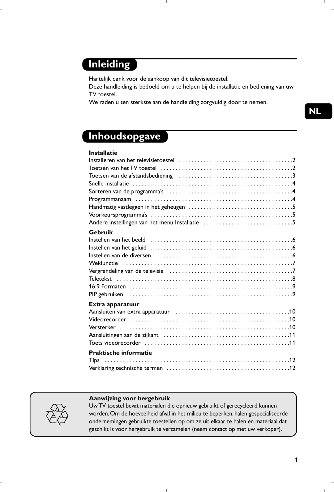 Philips 29PT8640/12 manual Inleiding, Inhoudsopgave 