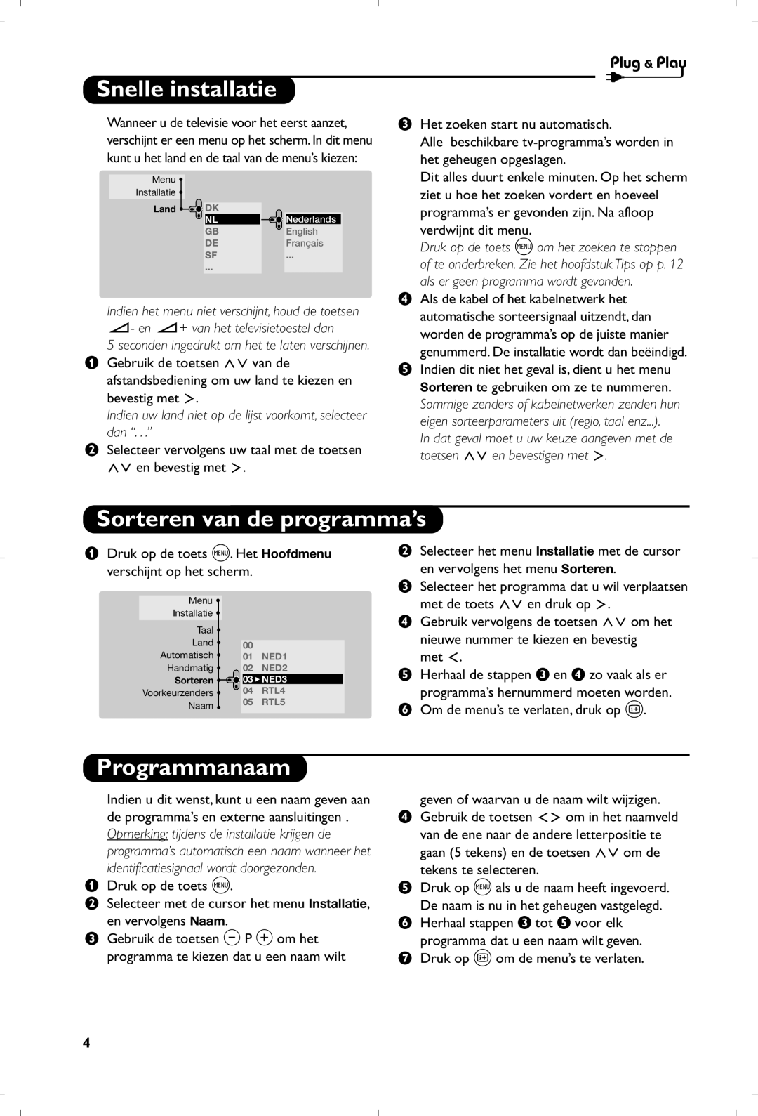 Philips 29PT8640/12 manual Snelle installatie, Sorteren van de programma’s, Programmanaam 