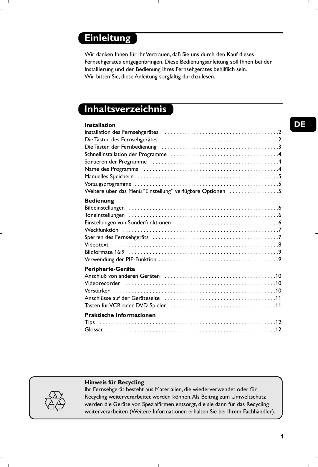 Philips 29PT8640/12 manual Einleitung, Inhaltsverzeichnis 