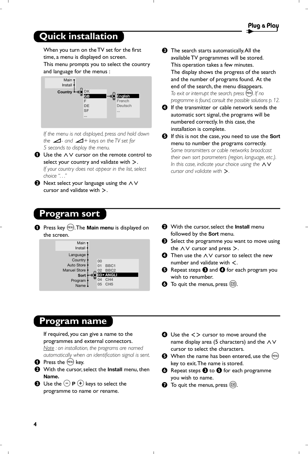 Philips 29PT8640/12 manual Quick installation, Program sort, Program name, Seconds to display the menu 