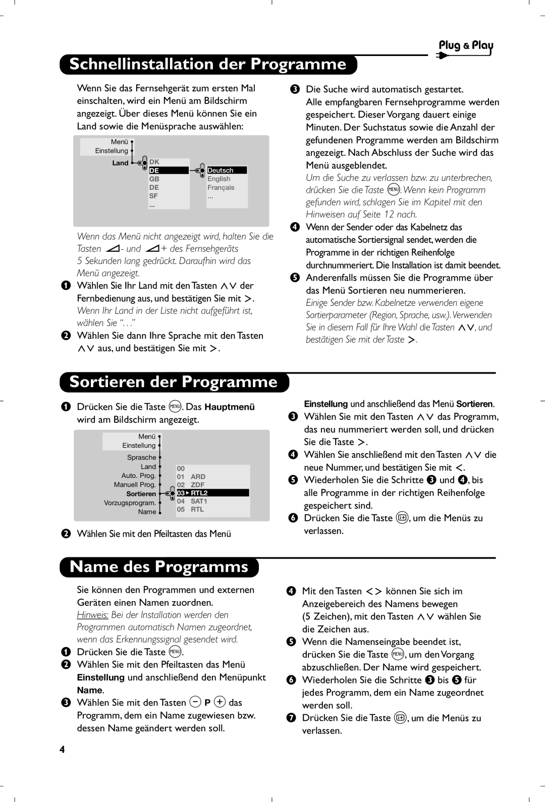 Philips 29PT8640/12 manual Schnellinstallation der Programme, Sortieren der Programme, Name des Programms 