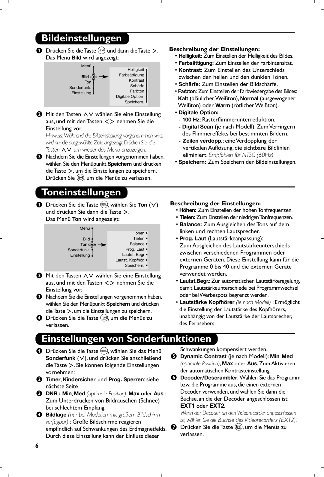 Philips 29PT8640/12 manual Bildeinstellungen, Toneinstellungen, Einstellungen von Sonderfunktionen, EXT1 oder EXT2 