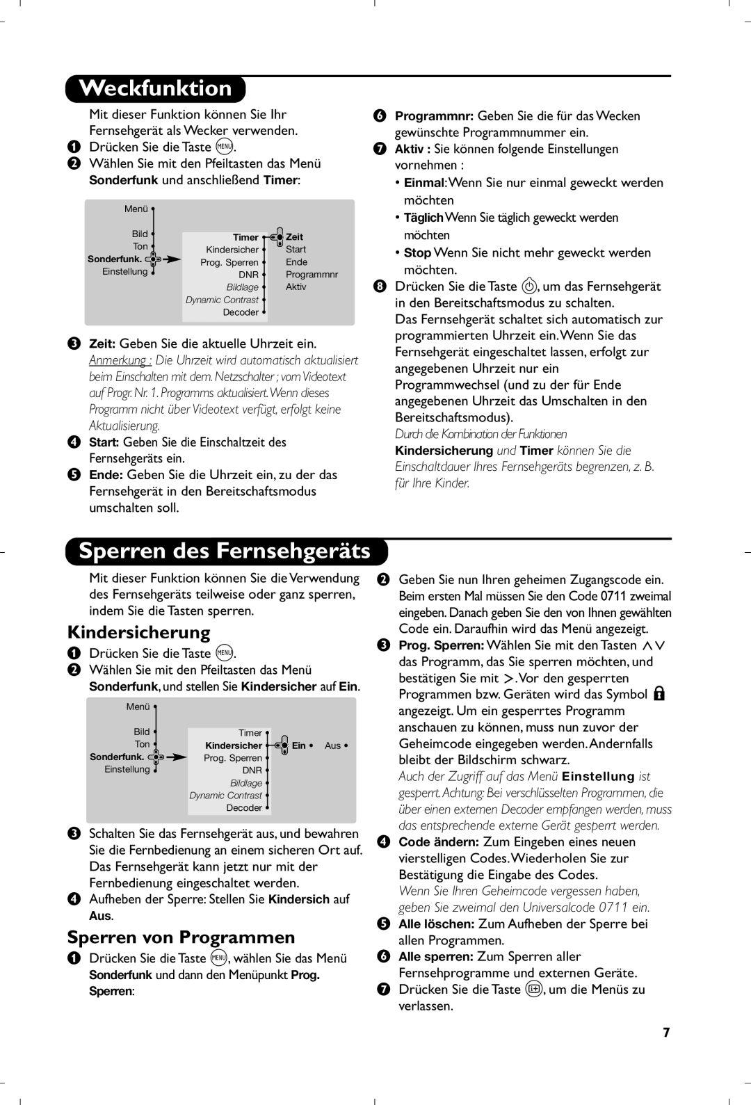 Philips 29PT8640/12 manual Weckfunktion, Sperren des Fernsehgeräts, Kindersicherung, Sperren von Programmen 