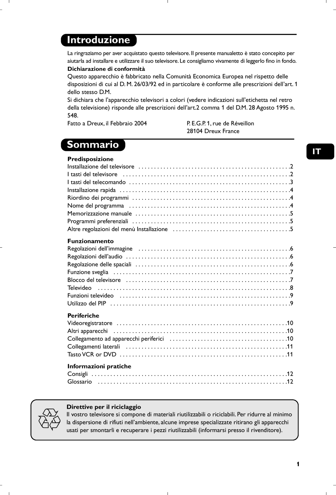 Philips 29PT8640/12 manual Introduzione, Sommario 