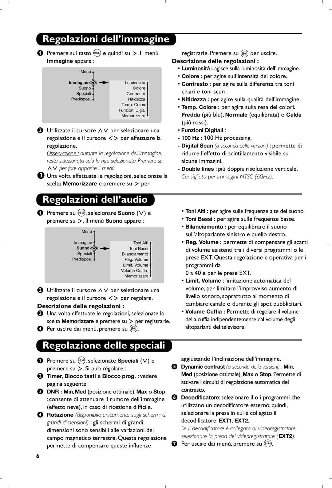 Philips 29PT8640/12 manual Regolazioni dell’immagine, Regolazioni dell’audio, Regolazione delle speciali 