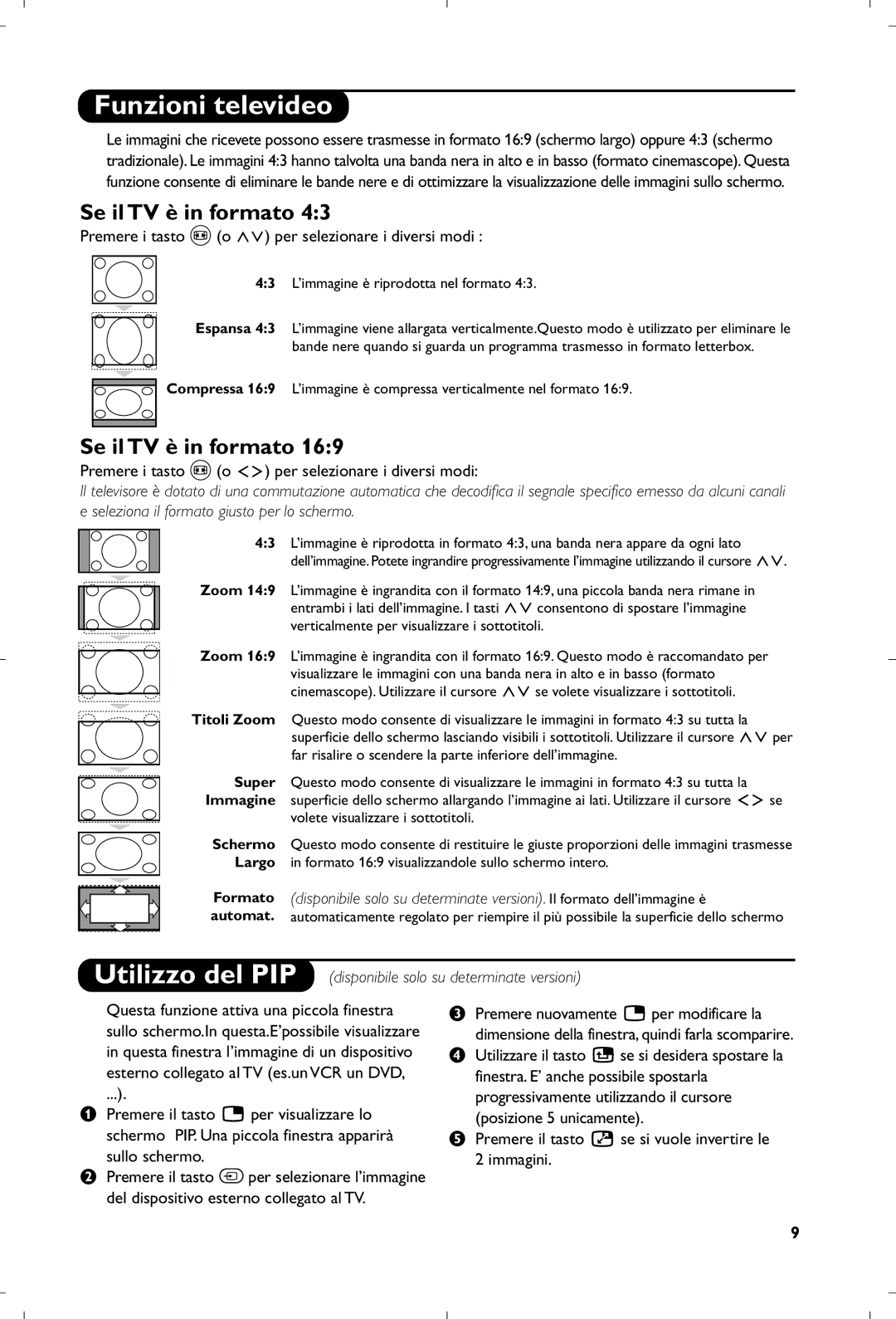 Philips 29PT8640/12 manual Funzioni televideo, Se il TV è in formato, Premere i tasto p o per selezionare i diversi modi 